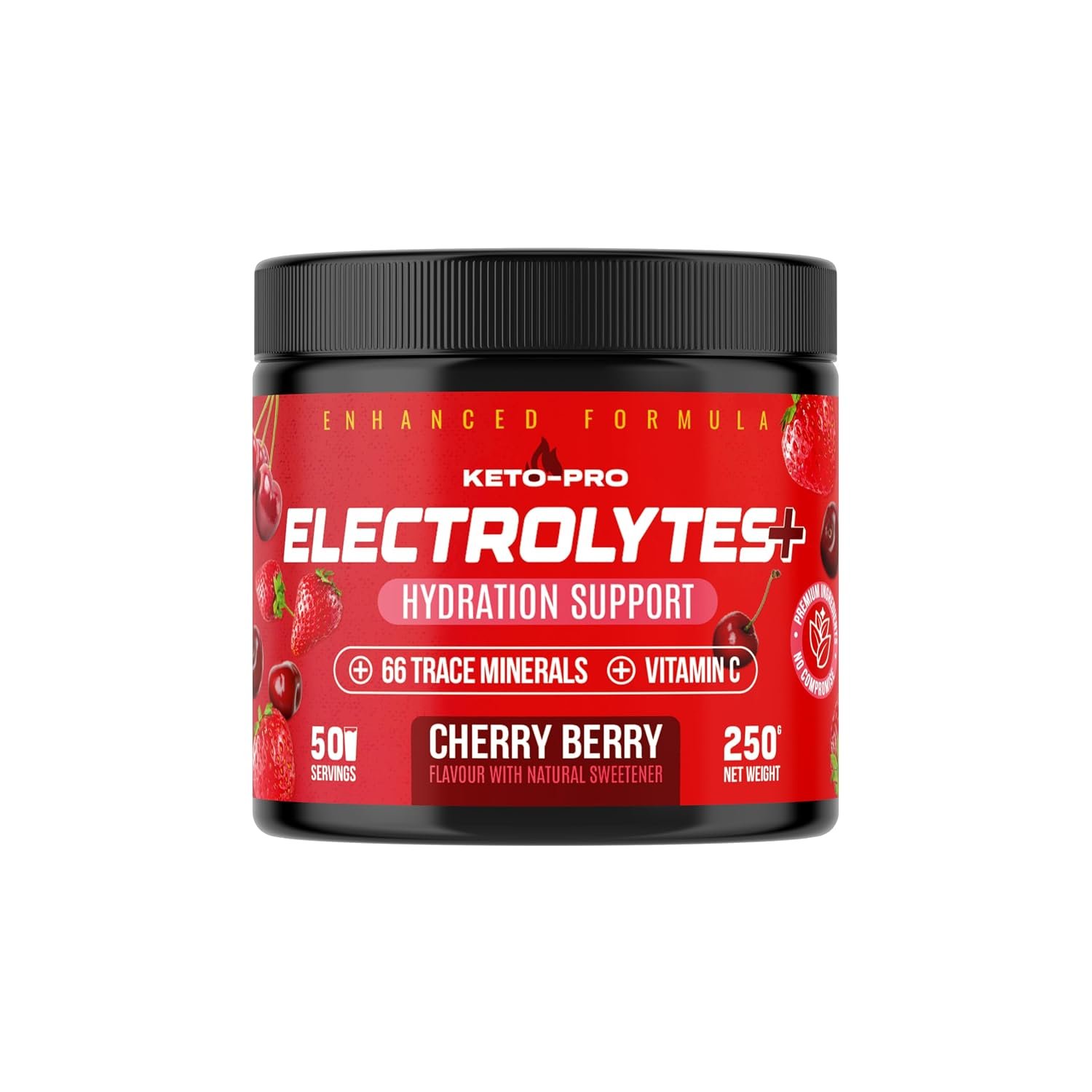 Keto-Pro Keto Electrolytes 250g - 50 Servings | Electrolyte Powder & Salts with 66 Trace Minerals | Supports Your Fasting, Health & Fitness Goals | Cherry Berry Flavour
