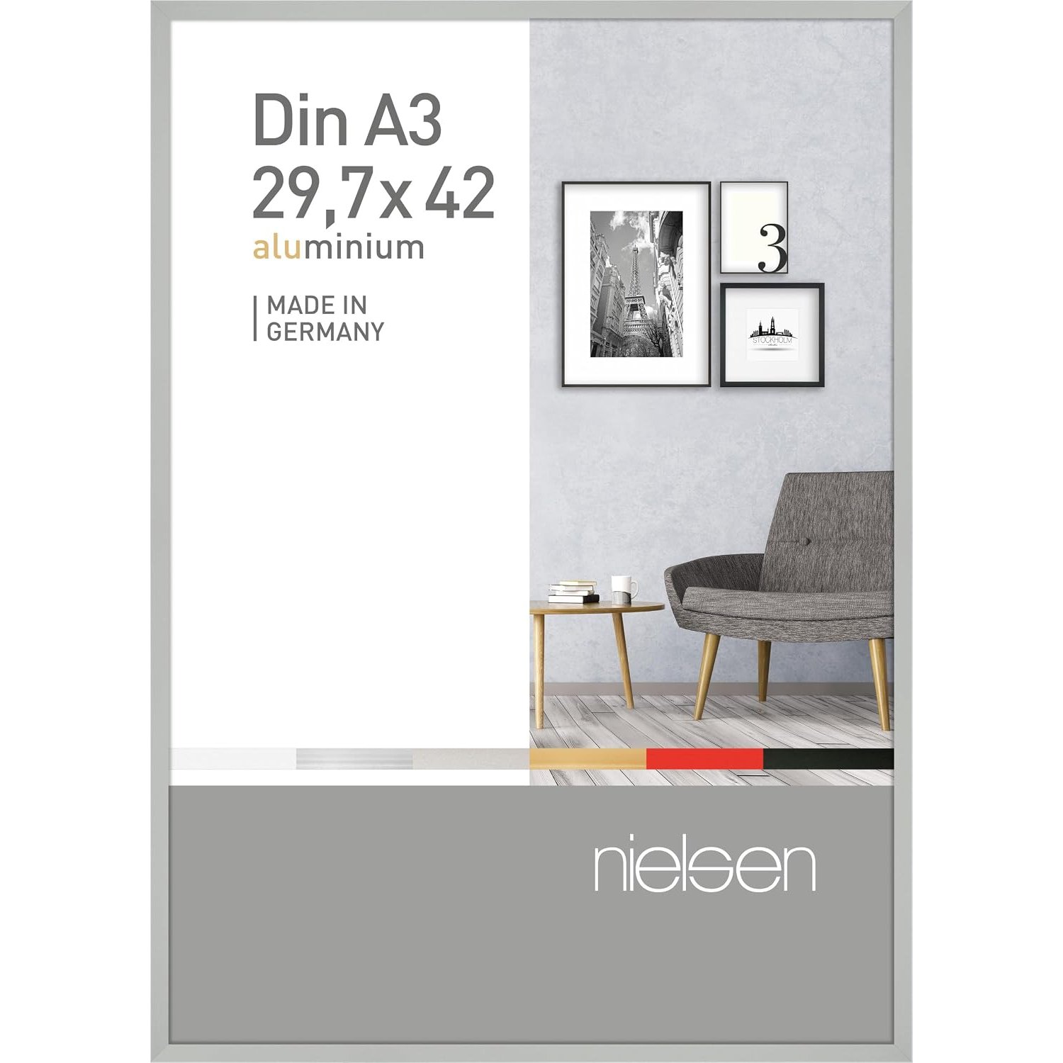 nielsen Pixel Aluminium Picture Frame - Frosted Silver A3, 29.7x42cm - with Float Glass and Easy Push-Turn Clips