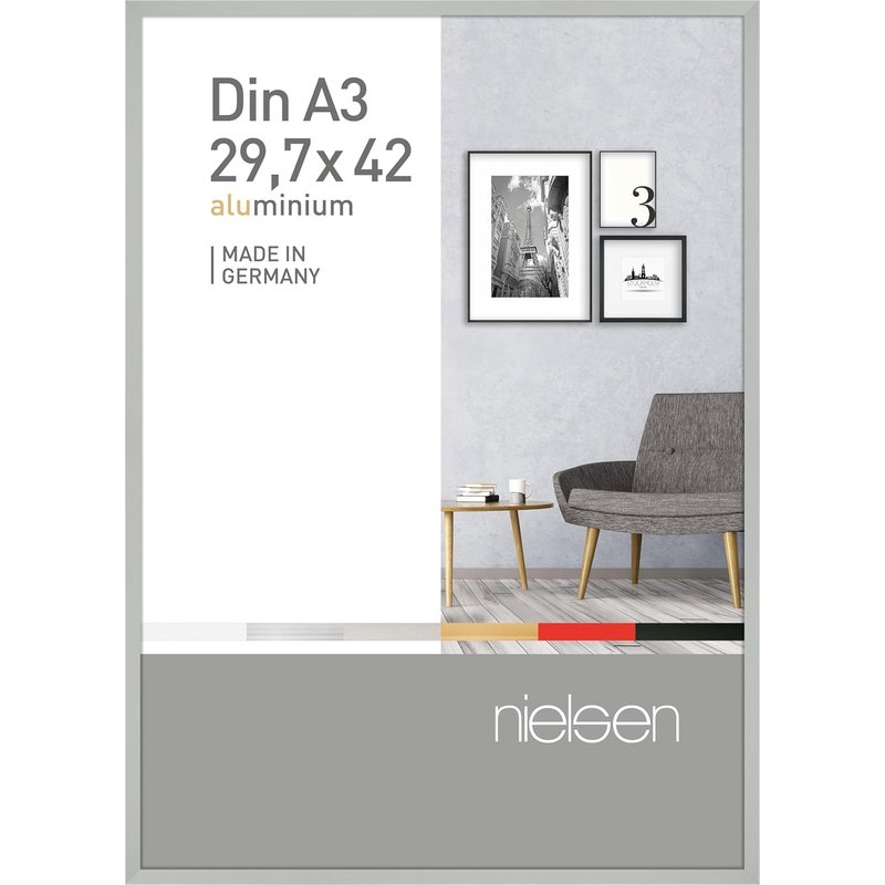 nielsen Pixel Aluminium Picture Frame - Frosted Silver A3, 29.7x42cm - with Float Glass and Easy Push-Turn Clips