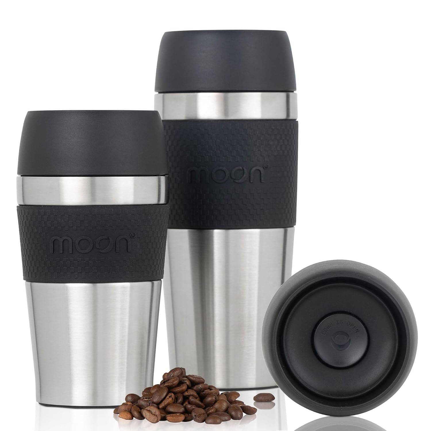 Moon 360° Travel Mugs - Leakproof Reusable Coffee Cup for Hot Drinks - Insulated Stainless Steel Thermal Mug, Fits Car Cup Holders (450ml, Recycled Metal/Black)