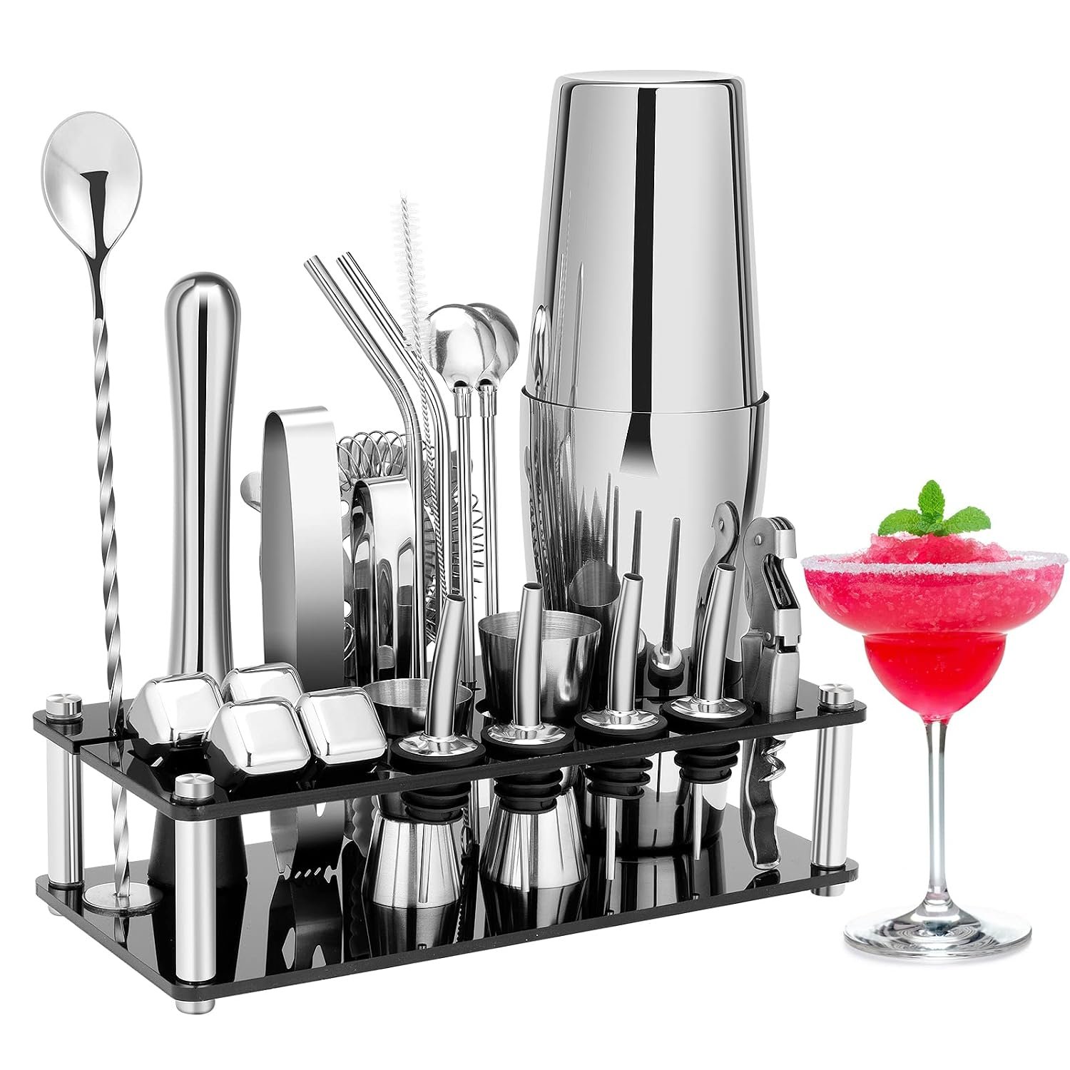 Cocktail Shaker Set, 23 PCS Boston Stainless Steel Bartender Kit with Acrylic Stand & Cocktail Recipes Booklet, Professional Bar Tools for Drink Mixing, Home, Bar, Party (Sliver, 20oz&24oz)