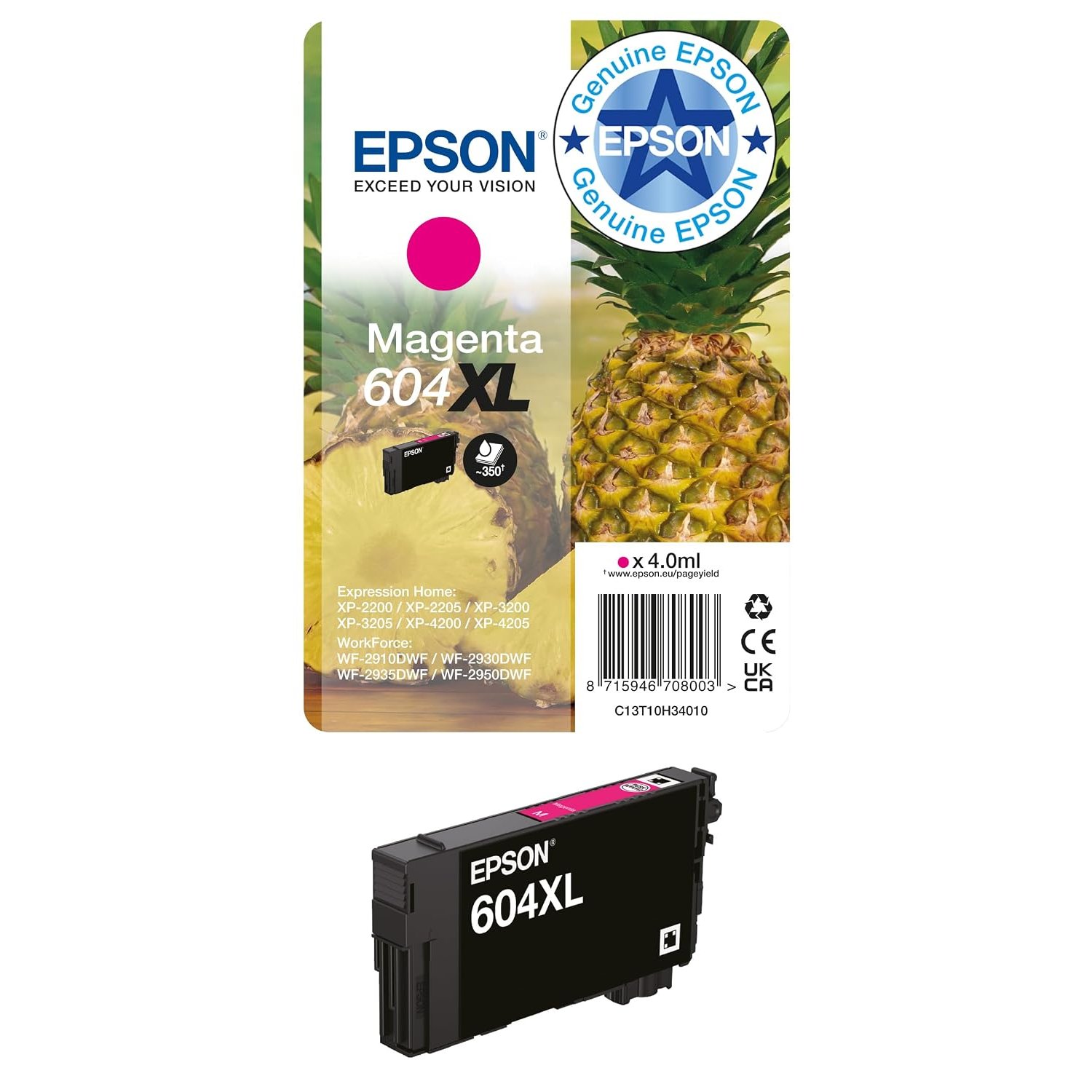 Epson 604XL Pineapple Singlepack Genuine Ink Cartridge | Magenta | 1x 4ml | Brand-made for optimal results