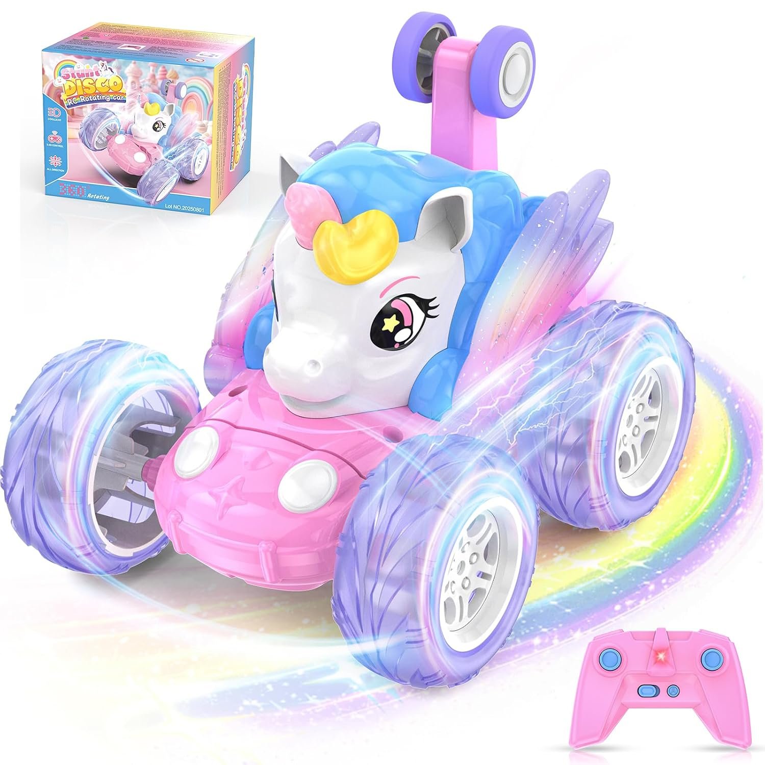 Unicorn Remote Control Car for Girls 3 4 5 6 7 8 9 Years Old, Pink Monster Truck with Colourful Light RC Stunt Car Kids Toy Age 3+ Xmas/Christmas Birthday Gift Present Stocking Filler Outdoor Game