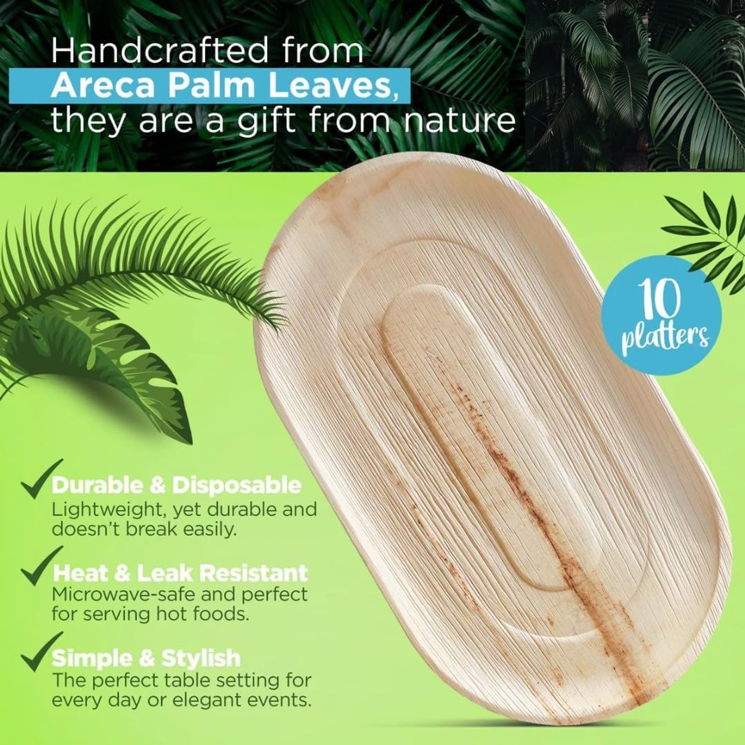 ECO Leaf 50 Disposable Palm Leaf Serving Platters, Large Oval 22" x 12" (56cm x 30cm), Trays Starters Canape Wedding Plates, Like Wooden Plates | Sturdy Hot Food Trays, Eco-Friendly Food Trays