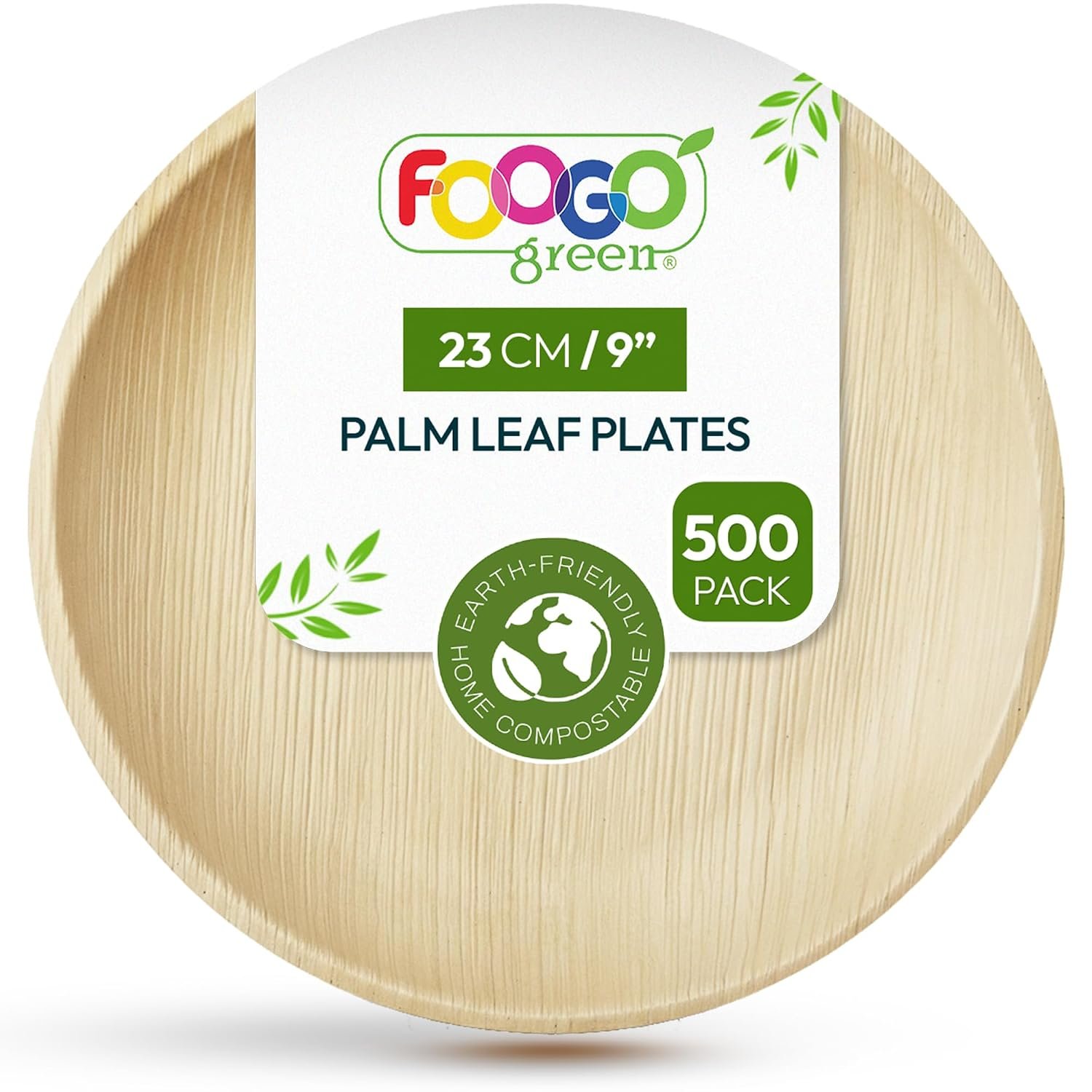 FOOGO Green 500pcs Disposable Palm Leaf Plates 9"(23cm), Large Round, Eco Friendly Biodegradable Compostable Like Wooden, Bamboo, Paper Plates, for Hot Food Picnic Parties