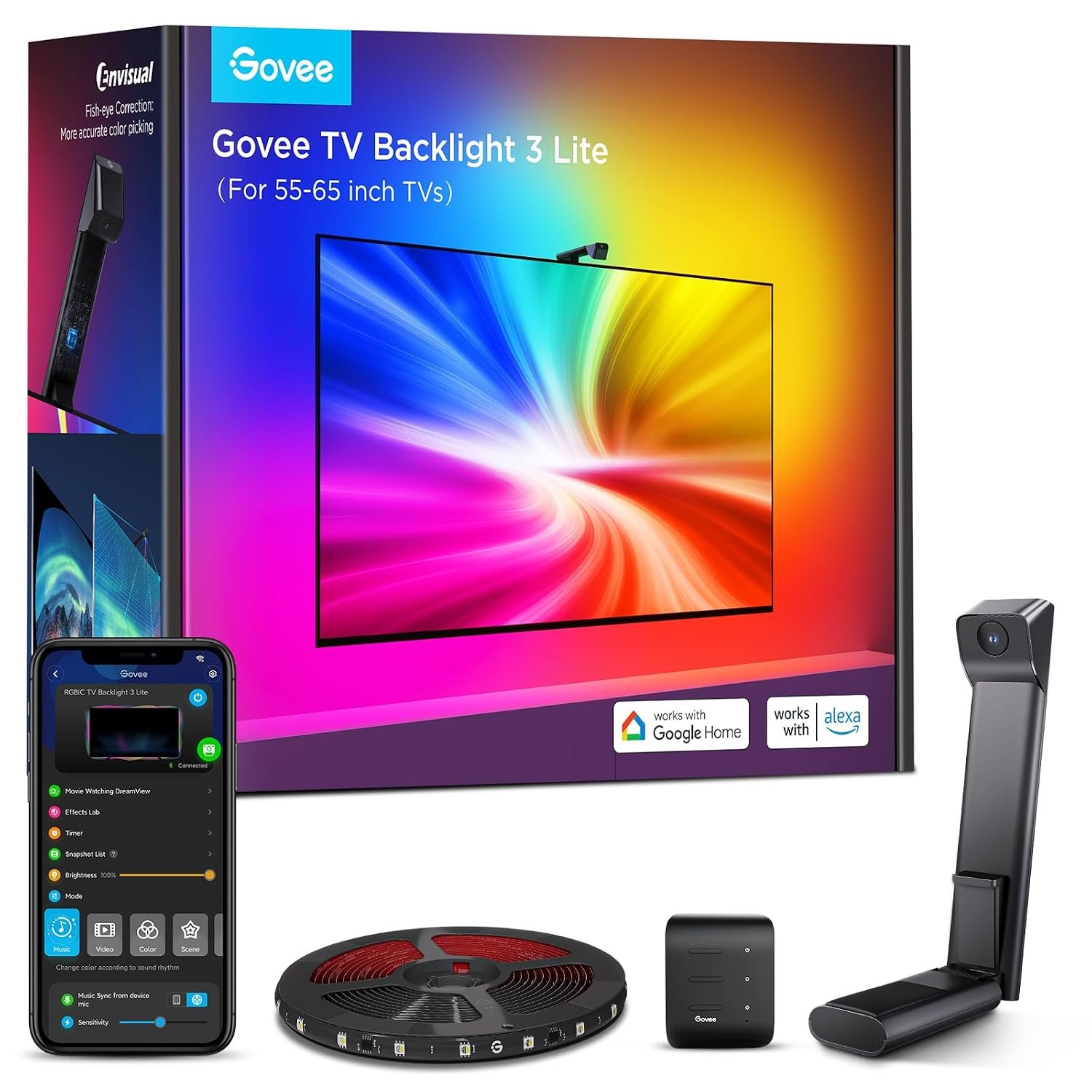 Govee TV Backlight 3 Lite with Fish-Eye Correction Function Sync to 55-65 Inch TVs, 3.6m RGBICW Wi-Fi TV LED Backlight with Camera, 4 Colours in 1 Lamp Bead, Voice and APP Control, Adapter