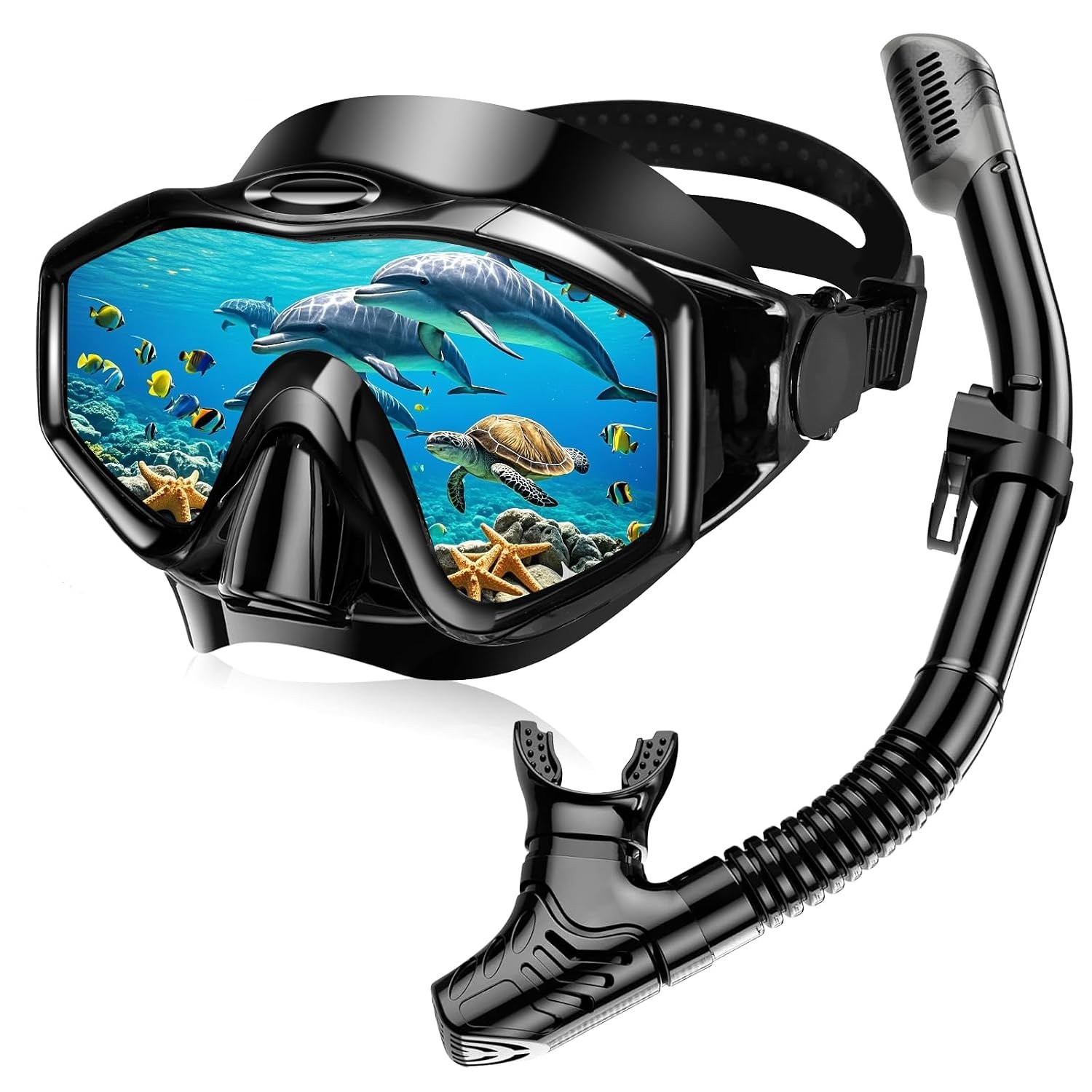 Snorkel Set Adults, Anti-Fog Panoramic Scuba Snorkelling Packages with Dry-Top Snorkel & Swimming Goggles for Diving, Swimming & Snorkeling (Black)