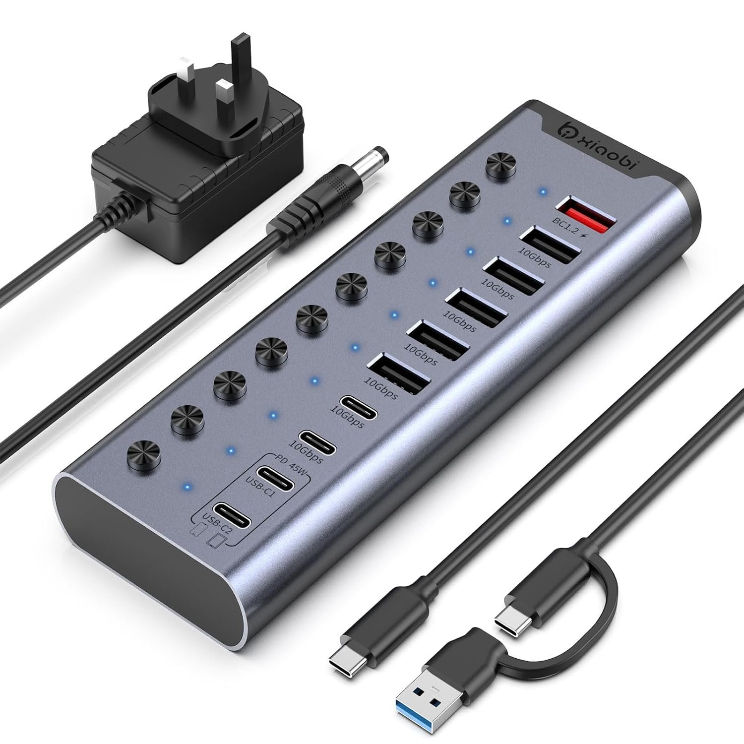 Powered USB Hub, 10-Port USB C Hub with 5*USB-A 3.2, 2*USB-C 3.2 and BC1.2&2*PD 45W Charging Ports Individual Switches and 24V/3A Power Adapter, USB Extension for MacBook, PC and More.
