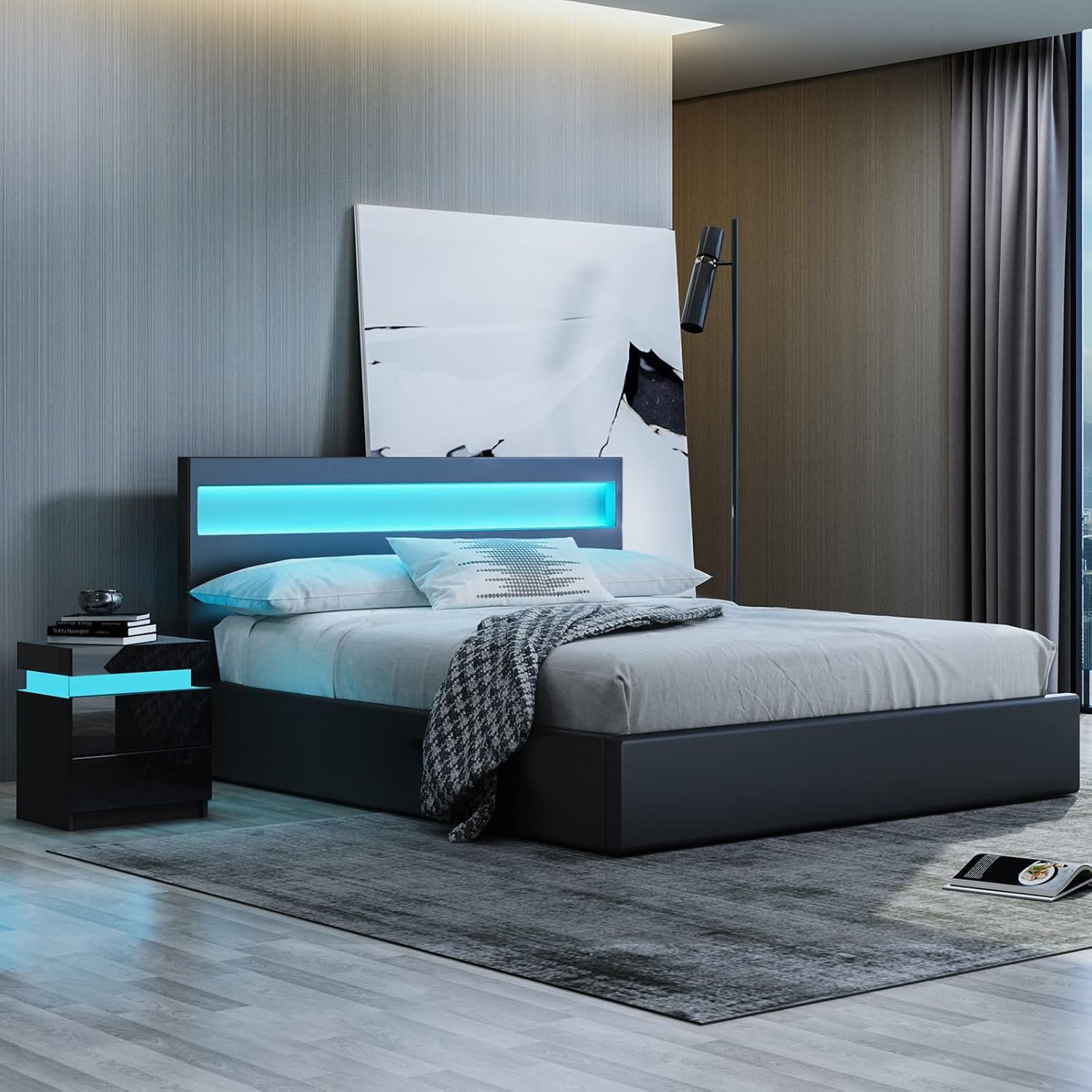 BESTWANTED Ottoman Storage Bed 4ft6 Double Bed Frame with Storage Gas Lift up Bed in Black with LED Lights, Faux Leather (Black, Double)