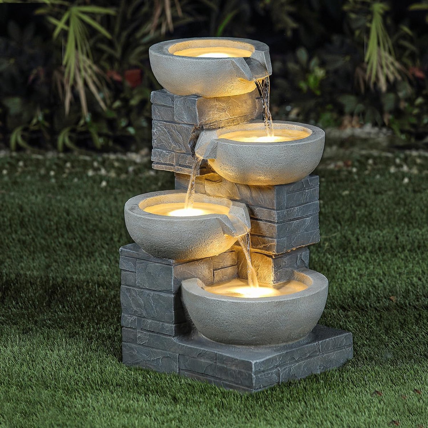 CHARLES BENTLEY 4 Tier Cascading Water Feature, Grey Brick Finish, Self Contained, 50HZ Pump, 220-240V, 10L Capacity, UV & Frost Resistant, 3 Built In LED Lights, 5m Cable (55.5x37x31cm)