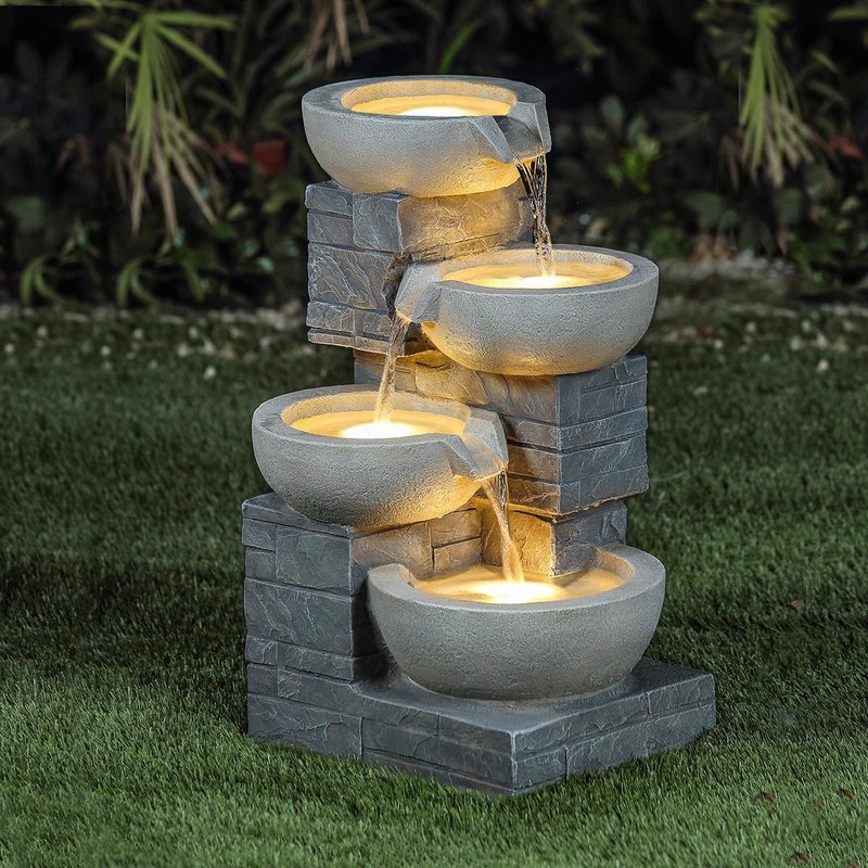 CHARLES BENTLEY 4 Tier Cascading Water Feature, Grey Brick Finish, Self Contained, 50HZ Pump, 220-240V, 10L Capacity, UV & Frost Resistant, 3 Built In LED Lights, 5m Cable (55.5x37x31cm)