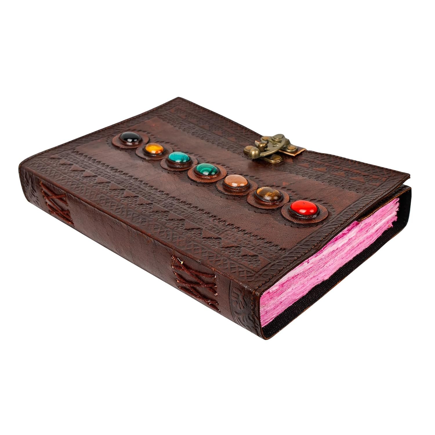 OVERDOSE leather journal Seven Stone Handmade vintage Double Lock Cotton paper 200 GSM, Blank spell book of shadows grimoire - 7x10 inches | 17x25 cm | A4