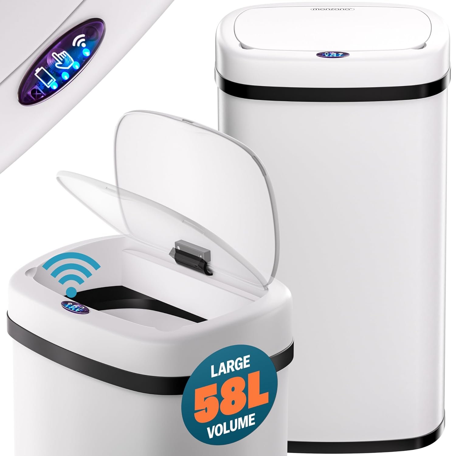 Monzana® 58 Litre Kitchen Bin with Automatic Opening Sensor White Rectangular Stainless Steel, Soft Close Lid for Kitchen, Bathroom, or as Nappy Bin, Recycling Dustbin and Waste Bins, Home