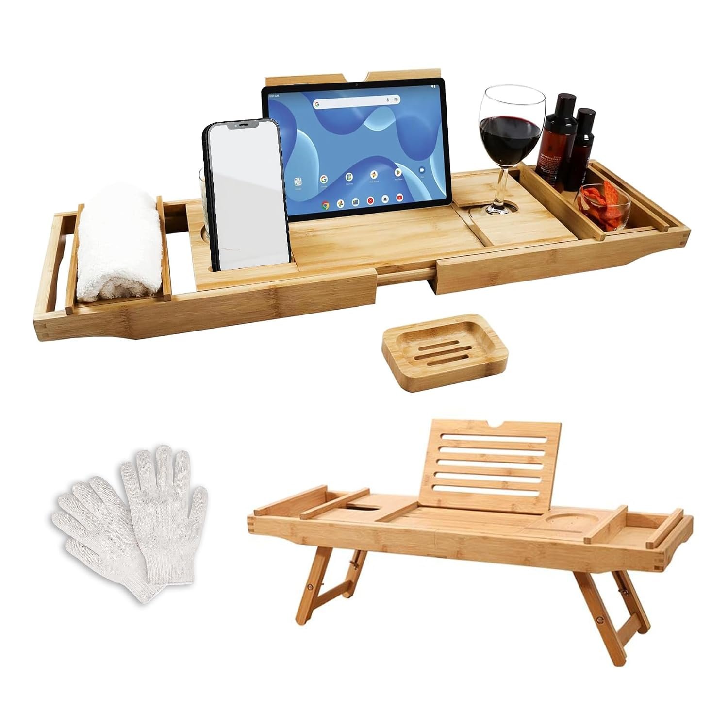 Trekis Spring Bath Tray – Extendable/Foldable Bamboo Bath Caddy Tray for Bathtub with Exfoliating Gloves, Non-Slip Pads with Built-in Holder for Glass Candle, iPad Tablet, Phone-Bathroom Accessories