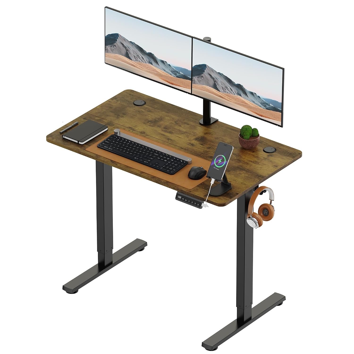 VonHaus Electric Standing Desk, USB-C Charging Height Adjustable Sit Stand Desk with Anti-Collision, Height Preset Technology & Cable Management, Dark Wood Two Piece Desktop & Steel Frame, 100x60cm