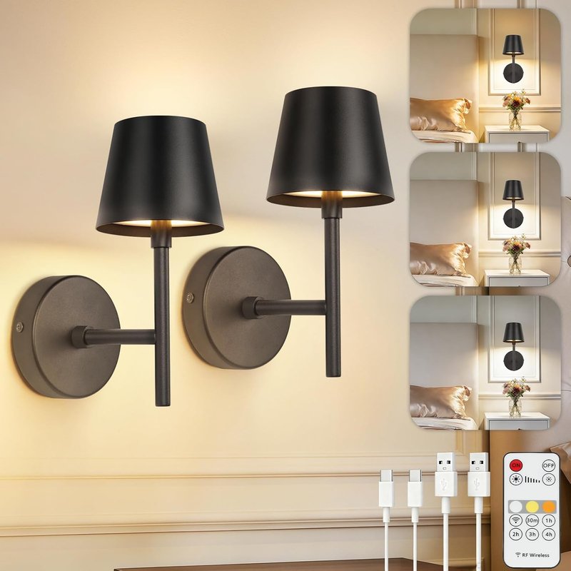 TaoFiaCo Black Rechargeable Wall Light with Remote Control - Battery Operated Wall Lights Indoor for Living Room Bedroom - 3 Color Temperatures Modern Wireless Wall Sconces 2 Pack