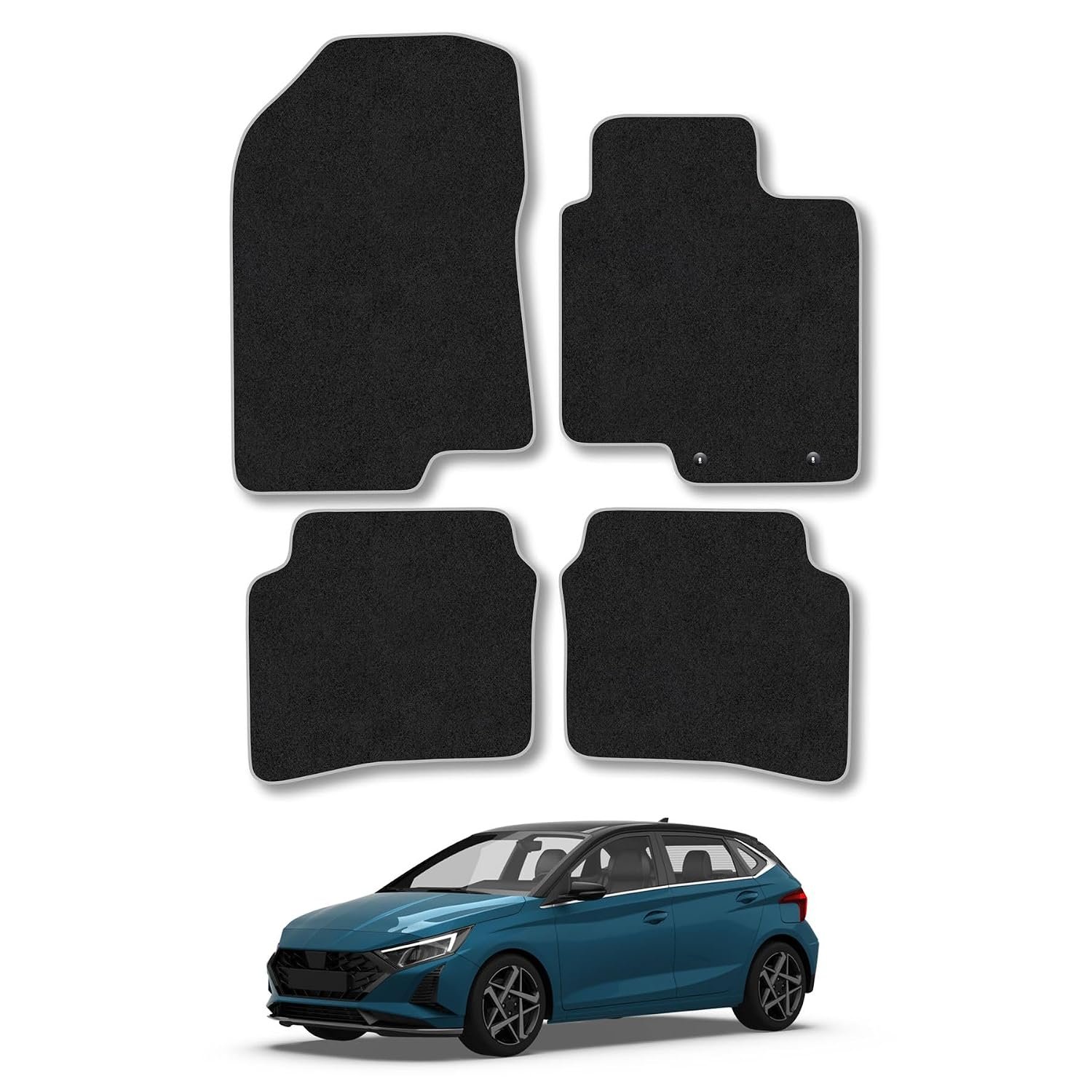 Hyundai i20 (2020+) Car Mats Accessories Tailored Fit Carpet Floor Mats Non Slip Grey Trim Accessory Compatible Front Rear Set Anti Slip Full Coverage Granulated Backing Hand-Finished Clips