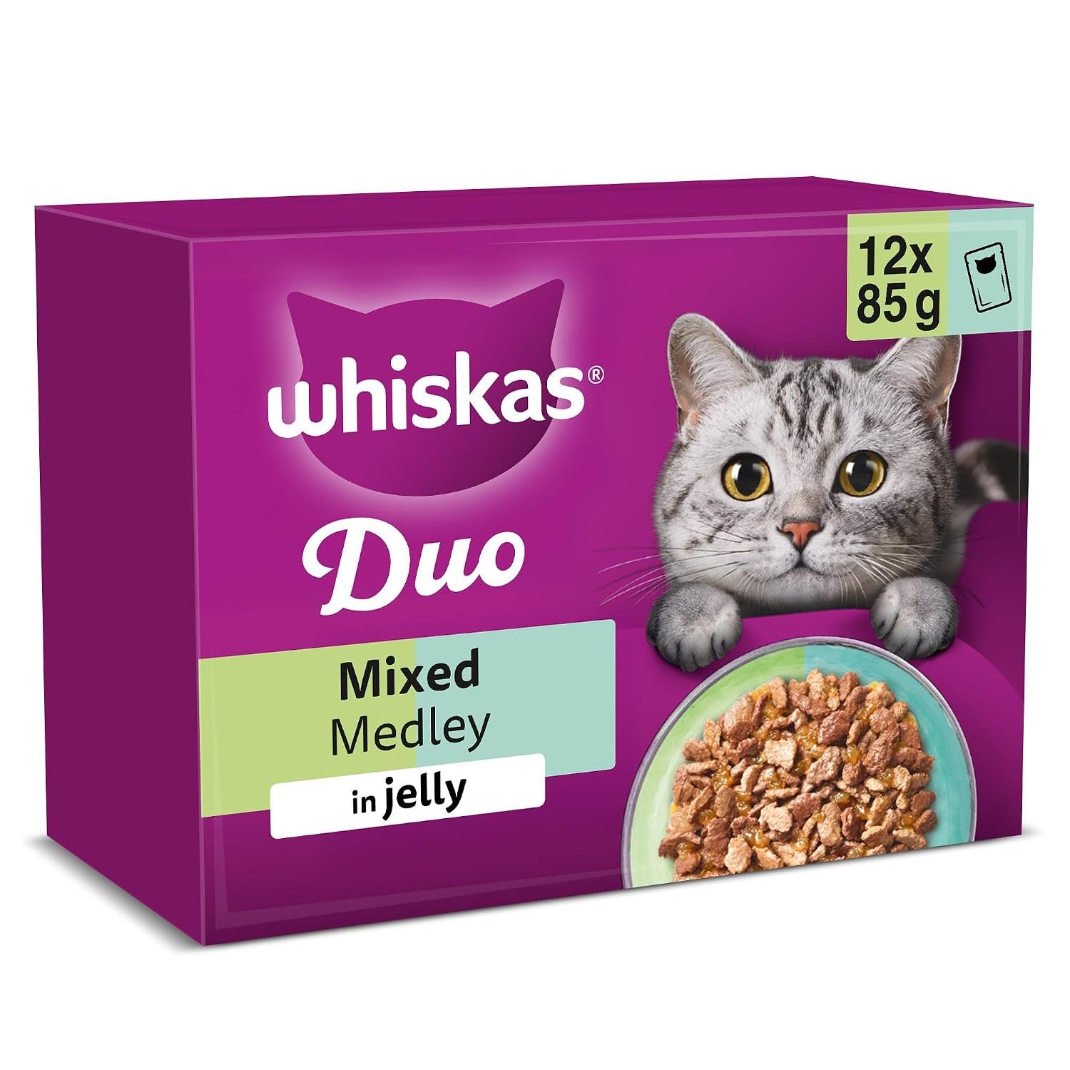 WHISKAS DUO Adult Wet Cat Food in Jelly 12x85g Mixed Medley (Pack of 4)