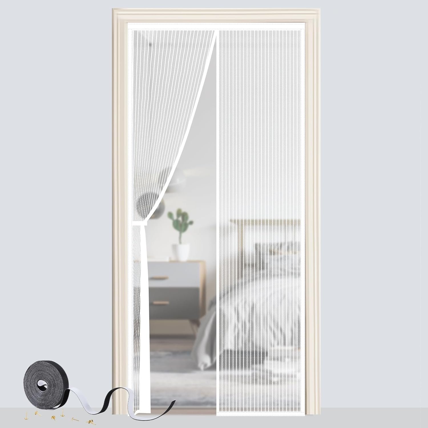 Magnetic Door Screen, SMALUCK Heavy Duty Fly Door Screen Mesh with Powerful Magnets, Durable Mesh Curtains Keeps Bugs Out, Frame Hook & Loop, Kid and Pet Friendly (110 x 220 cm, White)