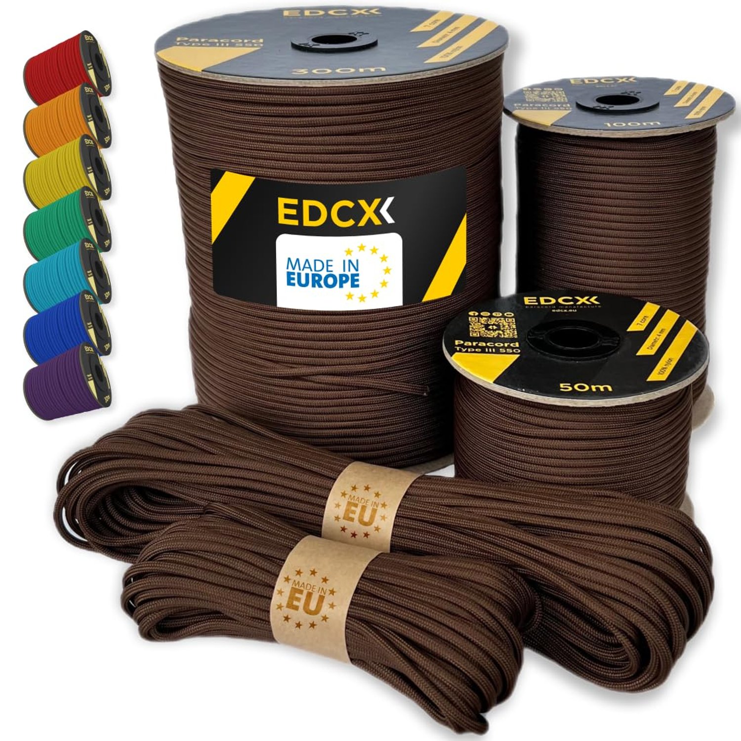 EdcX Paracord 4mm, 35+ Solid Colors (10m, 15m, 30m, 50m, 100m, 300m) | Ideal for Crafting, DIY, Camping, Survival, Outdoor | 100% Nylon Rope 4mm | Tactical Cord 550 Type III (Chocolate, 300 m)
