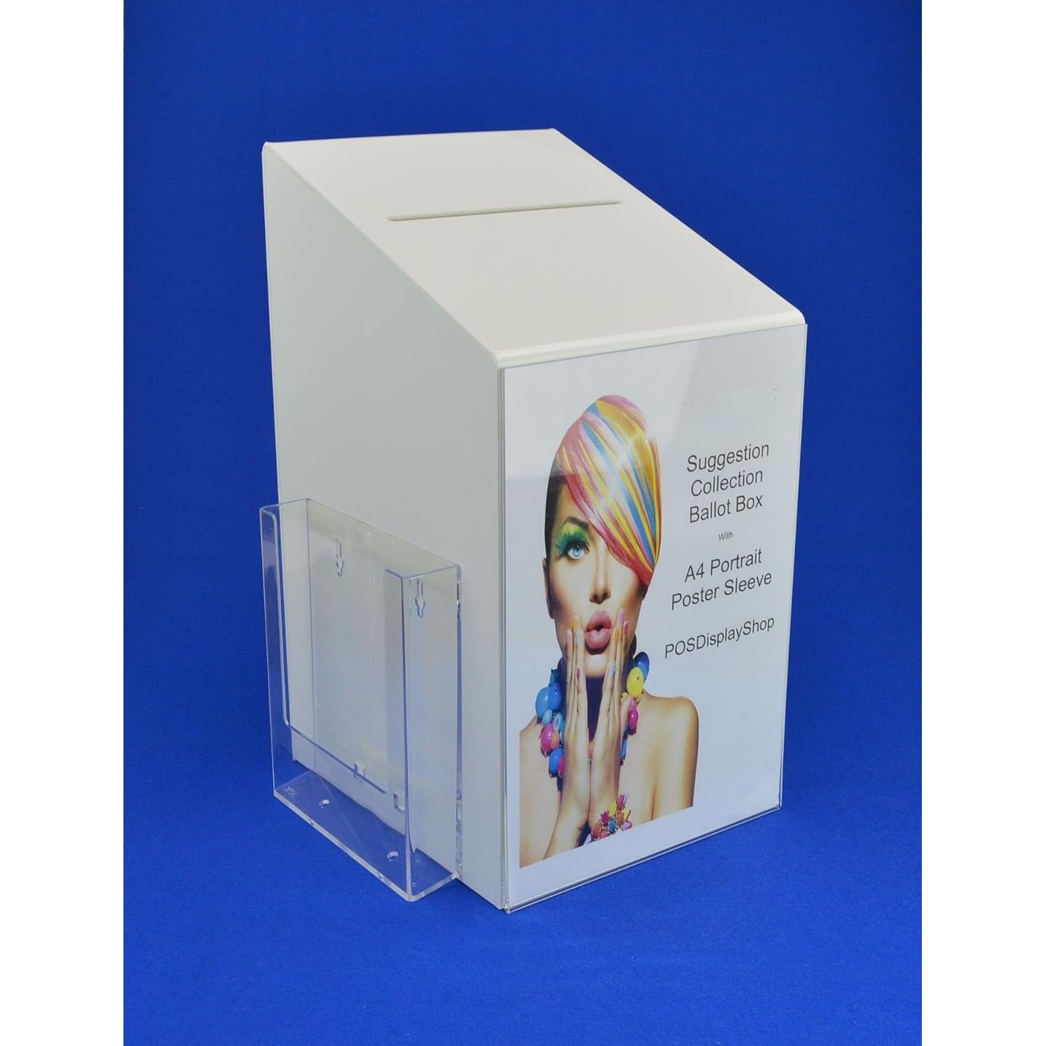 Pos Display Shop Large Acrylic Suggestion Ballot Comments Feedback Collection Box with A5 Portrait Leaflet Holder + A4 Portrait Poster Holder - PDS9464 White LH