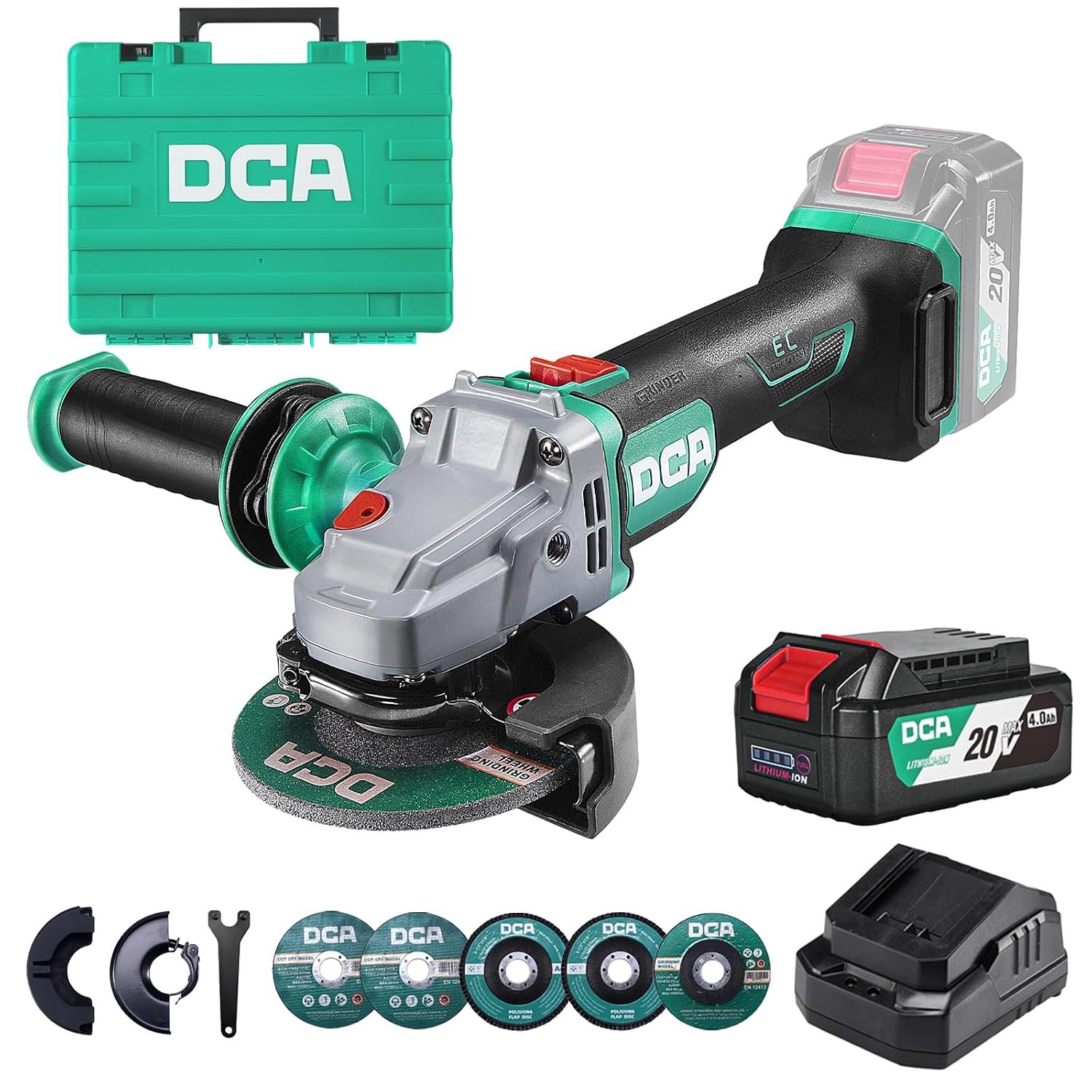 DCA Cordless Angle Grinder 125MM, 20V Brushless Motor 8500RPM, Battery Grinder Tool-Free Guard, 4.0Ah Battery & Charger, Power Electric Cut Off Tool with 6 Discs for Cutting, Grinding, Polishing