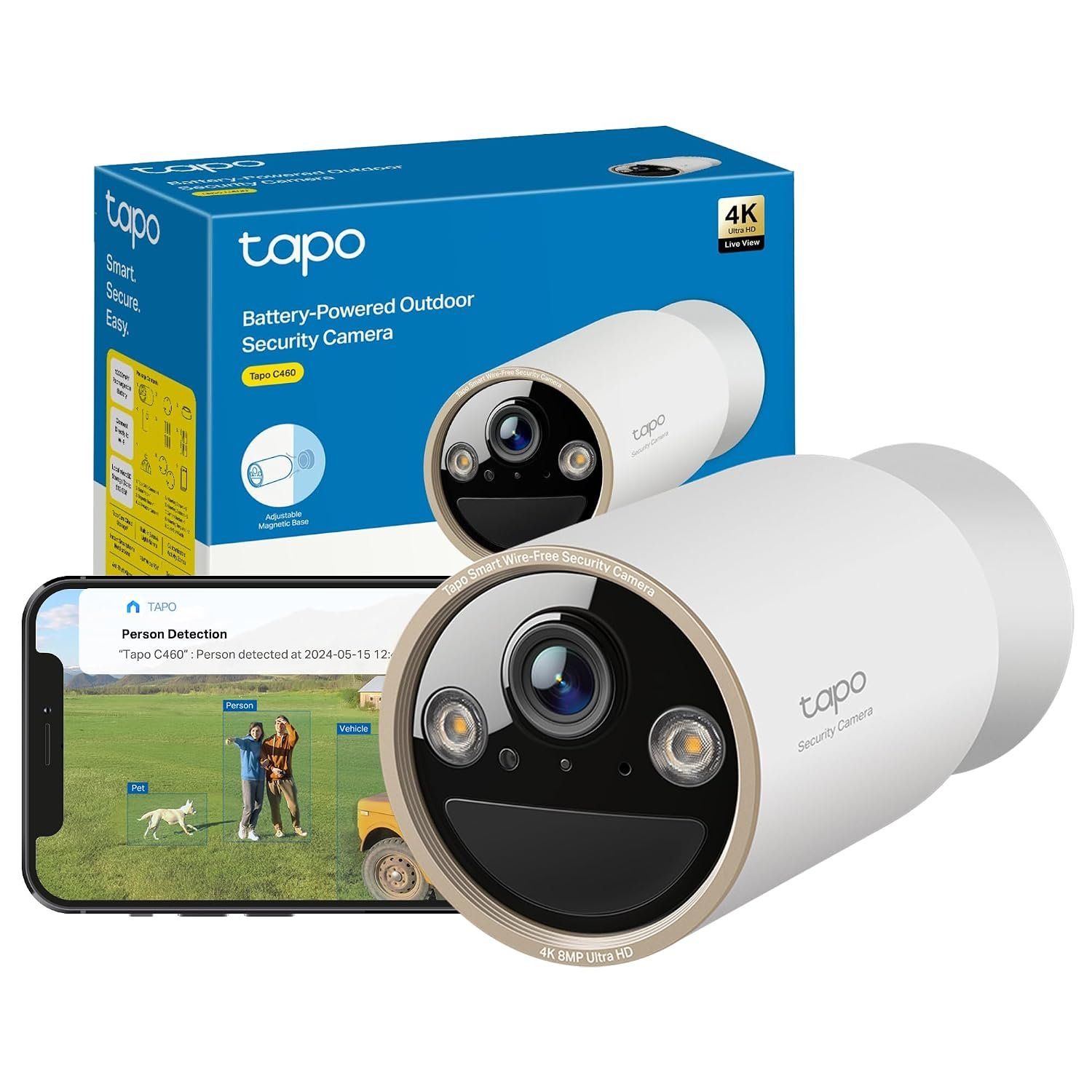 Tapo C460 4K 8MP Battery Security Camera Outdoor Wireless, CCTV, Indoor Outdoor Camera, Ultra HD, No Monthly Fee, AI Detection, Two-way Talk, Starlight Colour Night Vision, Works with Alexa & Google