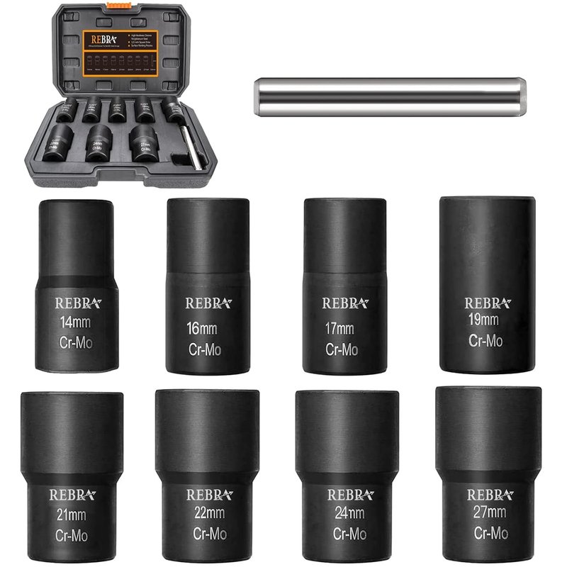 Nut Bolt Extractor Set with Center Punch Bar, Easy Out Lug Nuts Remover Socket Set Tool for Stripped, Damaged, Rounded-Off, Rusted Bolts&Nuts 1/2 Drive 9-Pieces