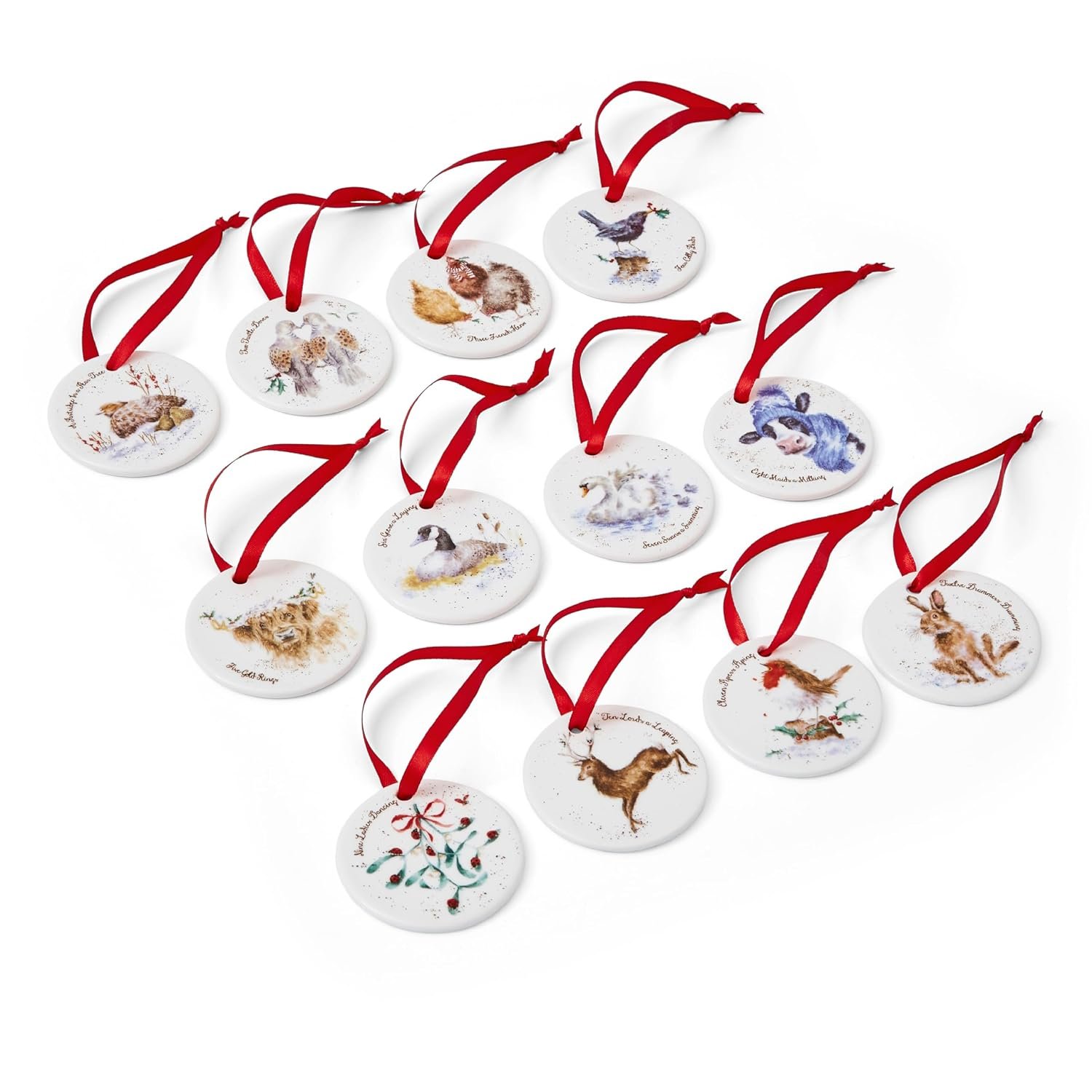 Royal Worcester x Wrendale Designs 12 Days of Christmas Decoration Set - Festive Ornaments Featuring 12 Unique Animal Designs, Suitable for Trees and Holiday Home Decor