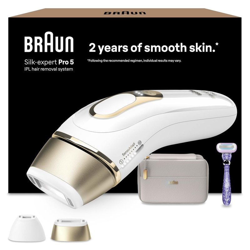 Braun IPL Silk-Expert Pro 5, at Home Hair Removal - Alternative for Laser Hair Removal, Includes Pouch, Venus Razor, Precision Head, 2 Years of Smooth Skin, Gift for Women, White/Gold, PL5137