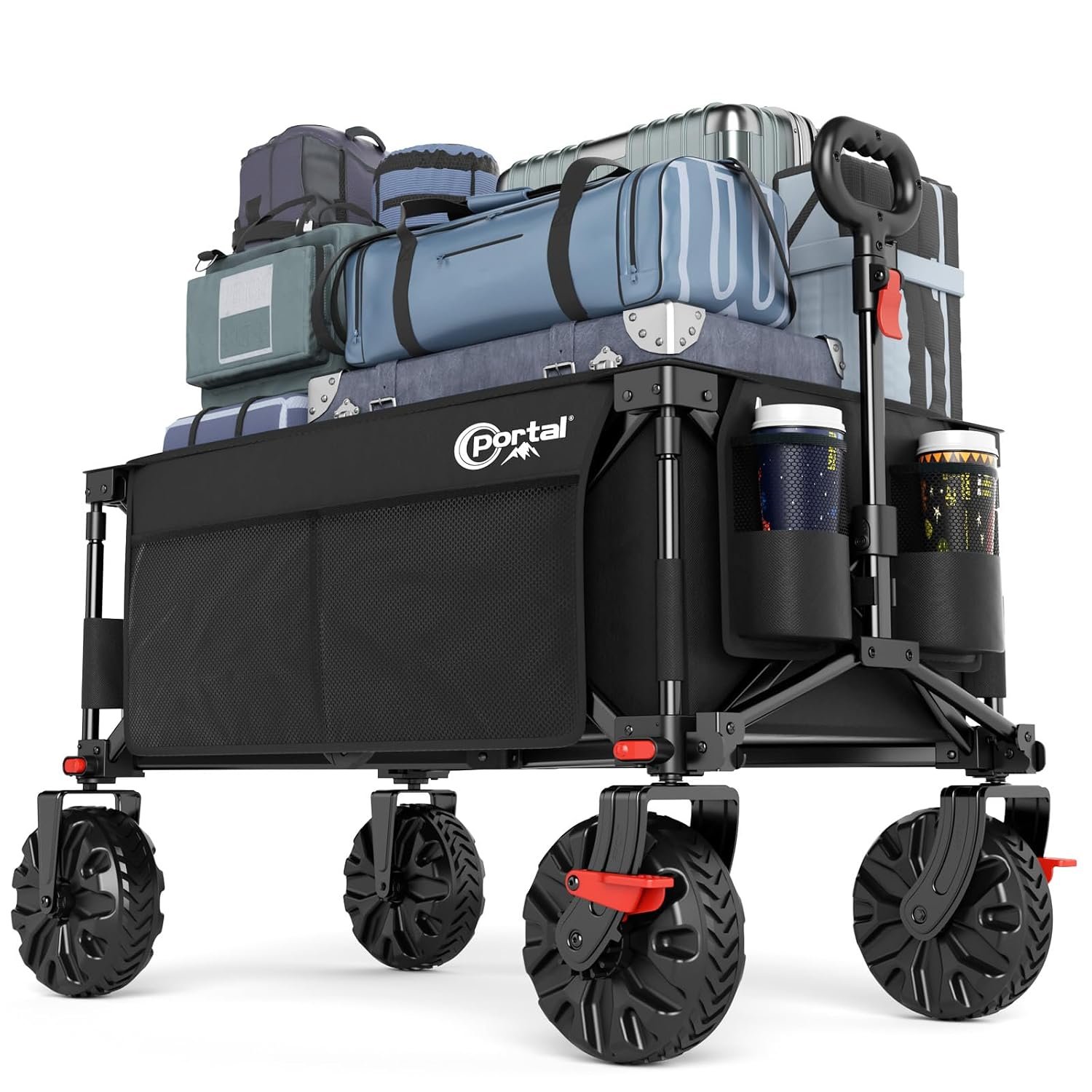Portal Beach Trolley on Wheels for Sand with Brakes All Terrain Big Wheels Festival Camping Trolley Folding Beach Wagon Garden Trolley Supports 110kg Heavy Duty Collapsible