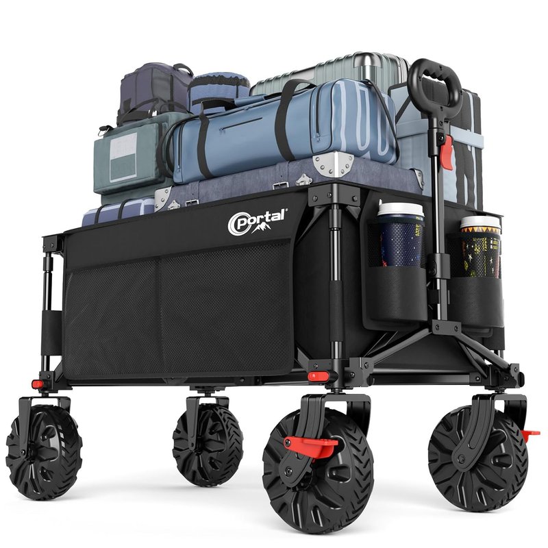 Portal Beach Trolley on Wheels for Sand with Brakes All Terrain Big Wheels Festival Camping Trolley Folding Beach Wagon Garden Trolley Supports 110kg Heavy Duty Collapsible