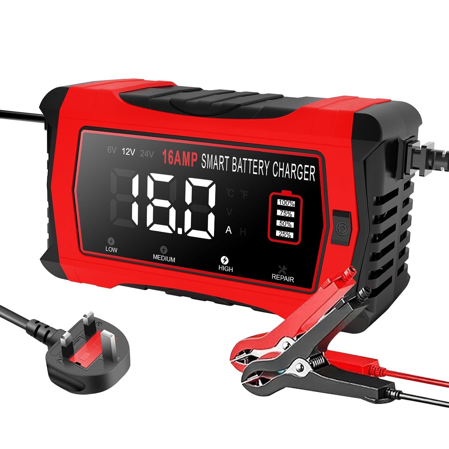 16A Car Battery Charger, 6V/12V/24V Battery Charger for Lead Acid with Temperature Compensation, Smart Ten-Stage Trickle System,Suitable for Cars, Trucks, Lawn Mowers, Boats, And Marine Equipment