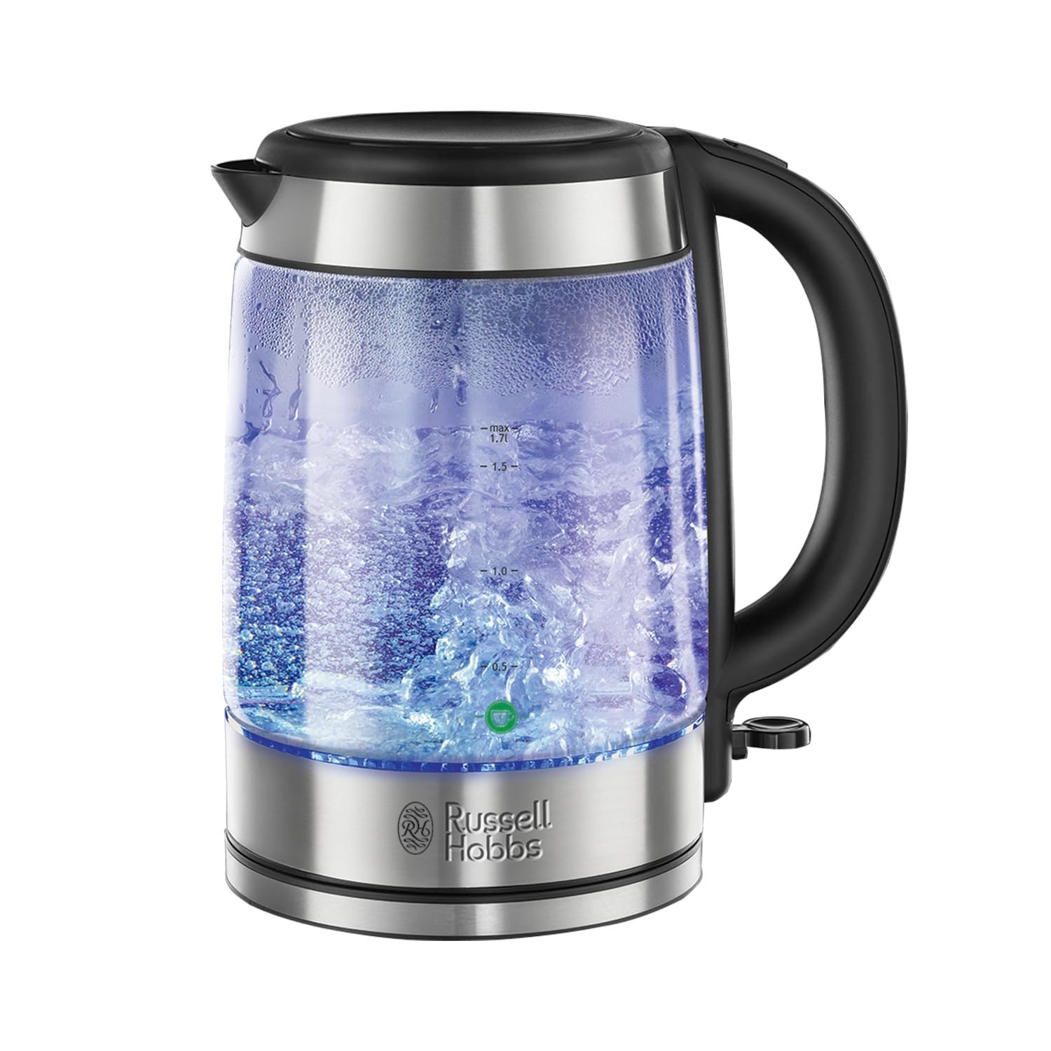 Russell Hobbs Illuminating 1.7L Electric Cordless Glass Kettle with black/brushed stainless steel accents (Fast Boil 3KW, Washable anti-scale filter, Button to open lid, Perfect pour spout) 21600-10