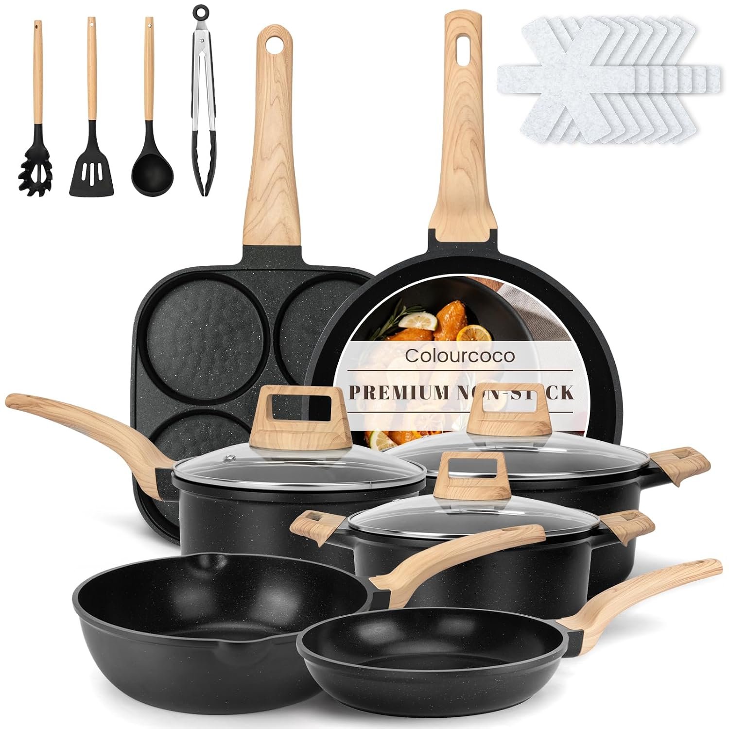 Colourcoco Pots and Pans Sets - 21 Pieces Non Stick Granite Coating Pans with Handles & Lids, Induction-Compatible Cooking Set with Utensils, Pads and Stockpot, Oven Safe