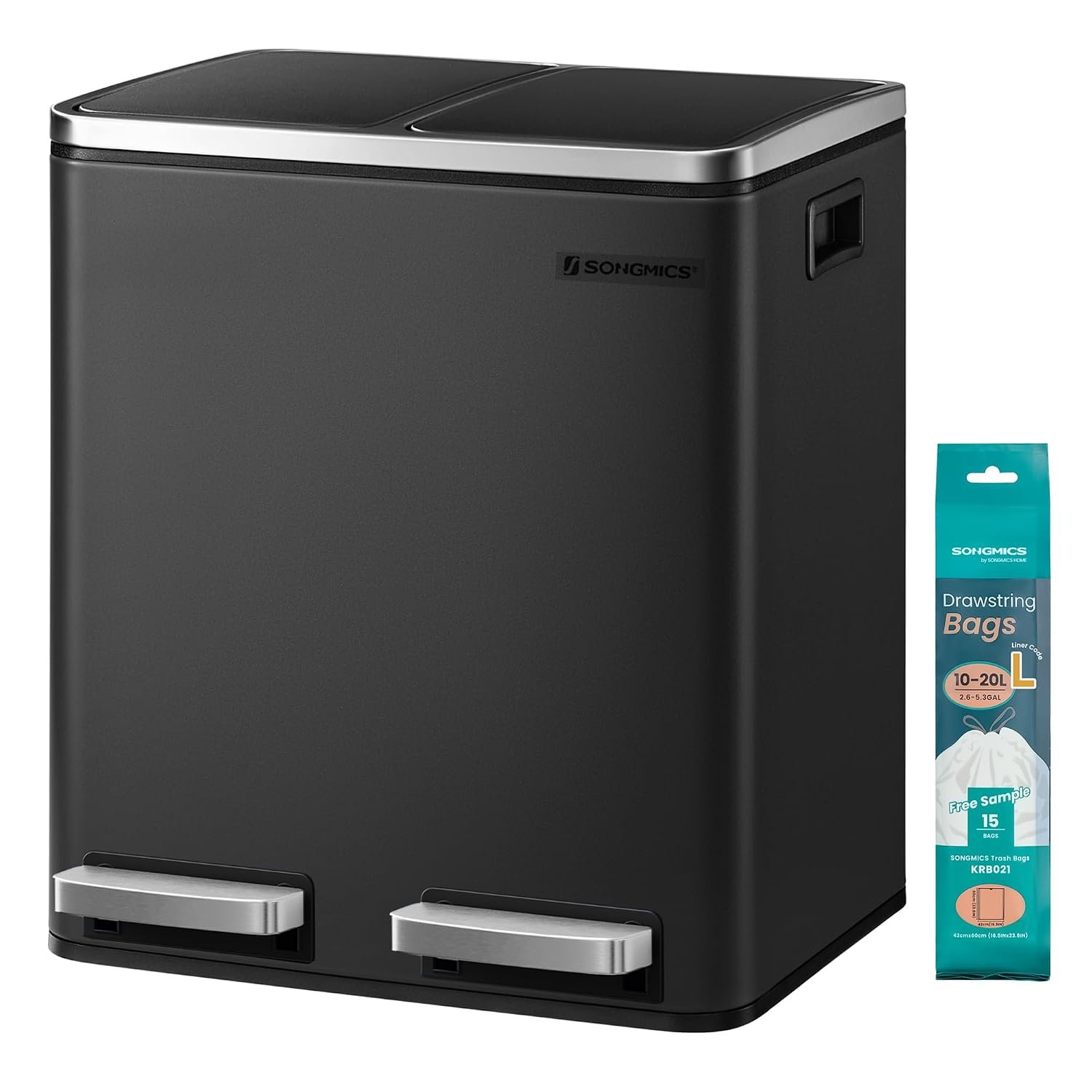 SONGMICS Dual Rubbish Bin, Metal Recycling Bin with 15 Rubbish Bags, 2-Compartment, with Lids, Pedals, Plastic Inner Buckets, Soft Closure, 2 x 4 Gallons (2 x 15 L), Black LTB030BH01