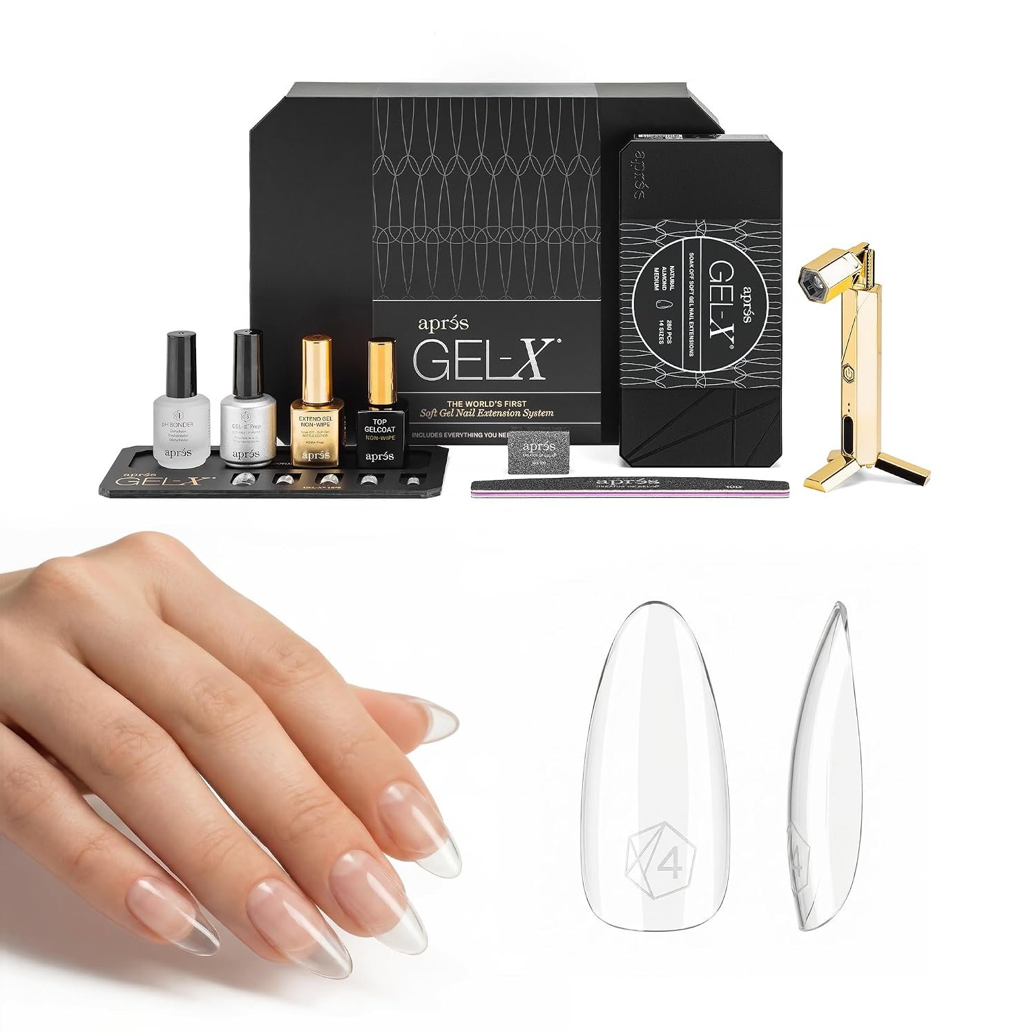 Aprés Gel-X® Professional Nail Extension Starter Kit, 14 Sizes with Half Sizes, Soft Gel-X Tips, HEMA/TPO-Free System for Sensitive Nails (Natural Almond Medium)