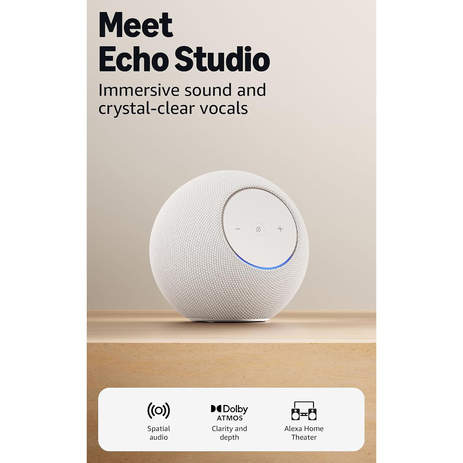 Amazon Echo Studio (newest gen), compact design, immersive spatial audio and Dolby Atmos, Glacier White, with Alexa+ Early Access