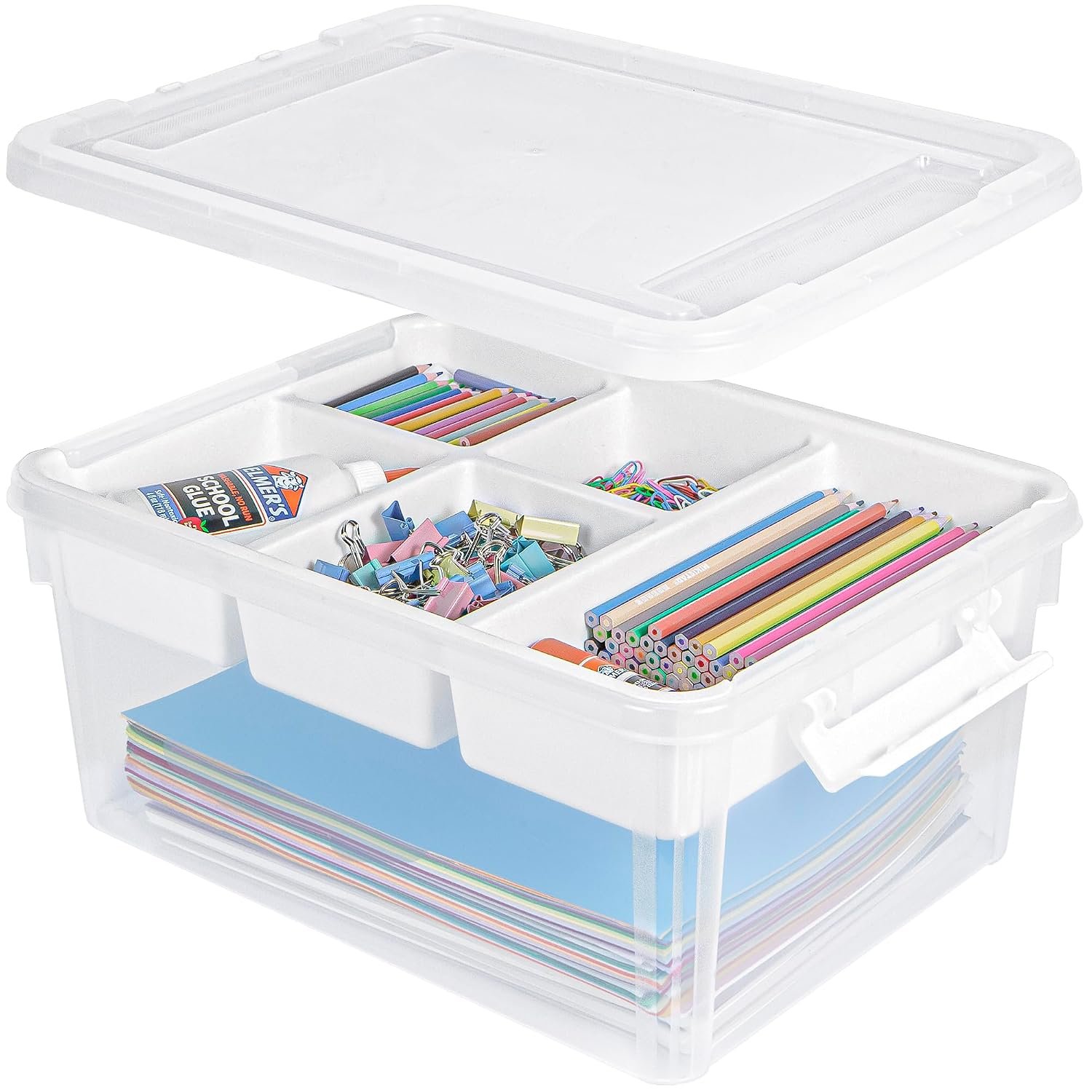 Creahaus 16L Organizers and Storage Box with Removable Tray, Durable Plastic Containers with Lids and Latching Buckles, Stackable Art & Craft Box for Art, Playdoh, Tool, Craft, Toy (WHITE)