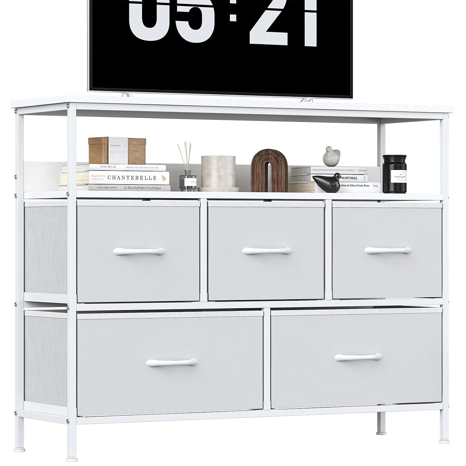 KU Syang 5-Drawer Chest of Drawers with TV Stand | Heavy-Duty Steel Frame & Scratch-Resistant MDF Top | Multi-Functional Storage Unit with Fabric Drawers for Bedroom & Living Room Hallway White