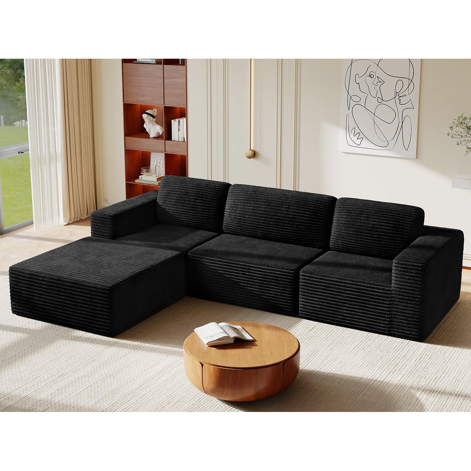 Vesgantti 303cm Oversized Modular Sectional Sofa, Corduroy Cloud Couch with Spring Support & Extra Deep Seats, L-Shaped Boneless Sofa with Movable Ottoman for Living Room, No Assembly Required, Black