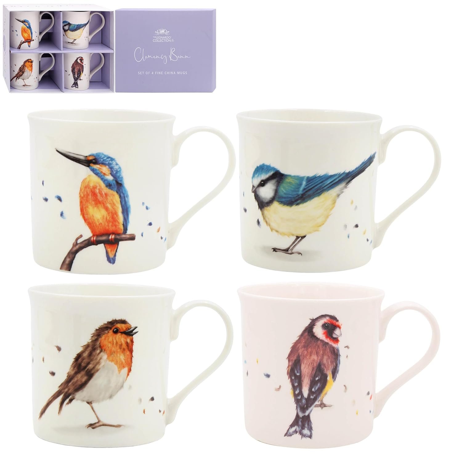 The Leonardo Collection Clemency Bunn British Birds Mugs Set 4 for Hot & Cold Drinks | Durable Coffee Cups for Home & Office | Easy-to-Hold Coffee Mugs for Beverages & Daily Use