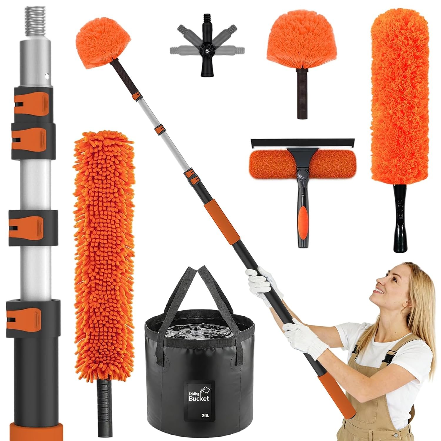 LAANPOLE 6m Feather Duster Kit with Telescopic Pole, Extendable Microfiber Duster for High Ceiling, Long Handled Duster Kit with Cobweb Brush & Telescopic Window Cleaner & Bucket