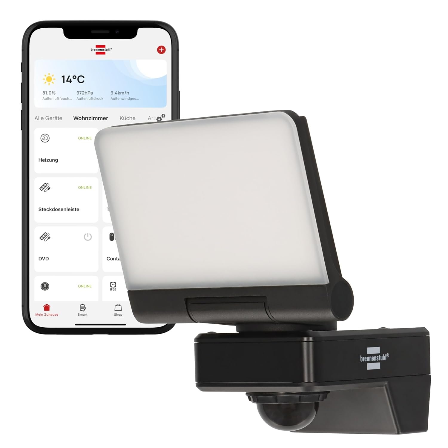 Brennenstuhl Connect WiFi LED Floodlight WF 2051 P (24W, 2800lm, IP54, Various Light Functions Adjustable via app, Outdoor Security Light for wall mounting with Motion Detector)