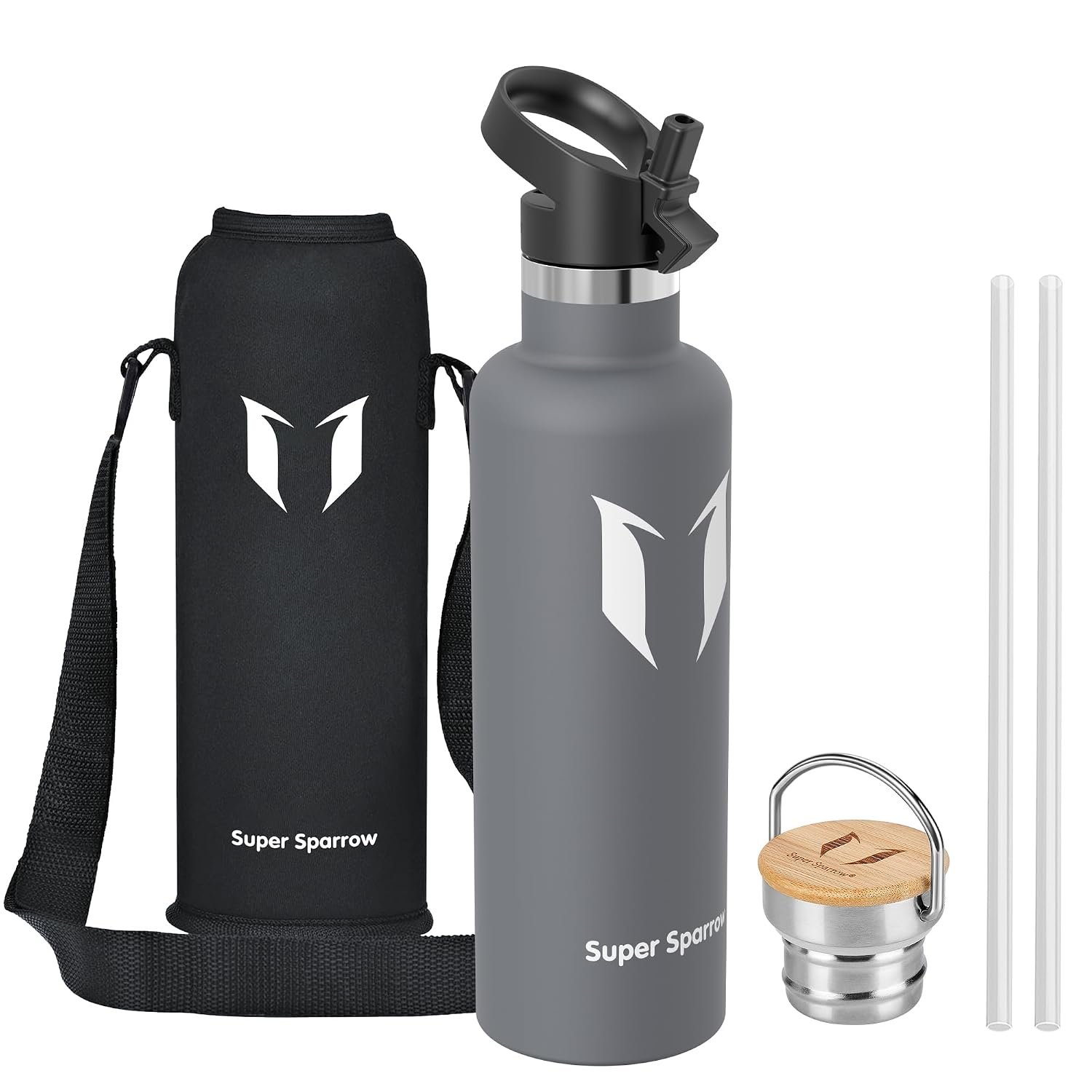 Super Sparrow Water Bottle Stainless Steel - 1000ml - Insulated Metal Water Bottles - Standard Mouth Flask - BPA Free - Straw Bottle for Work, Gym, Sports - 2 Lids