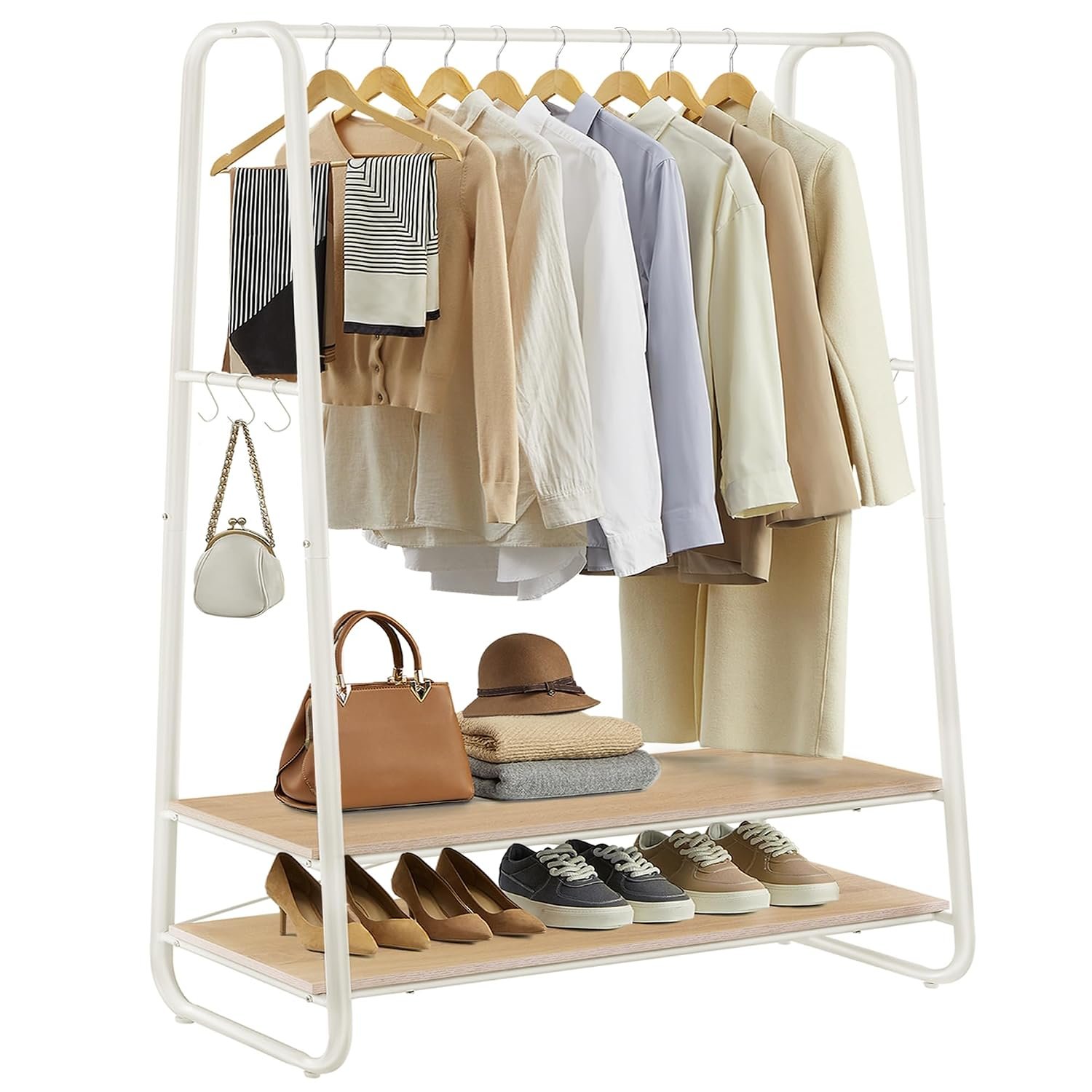 VASAGLE Clothes Rail, Clothes Rack with 2 Shelves, 6 S-Shaped Hooks, Steel Frame, for Bedroom, Oak and Cream White RGR112W09