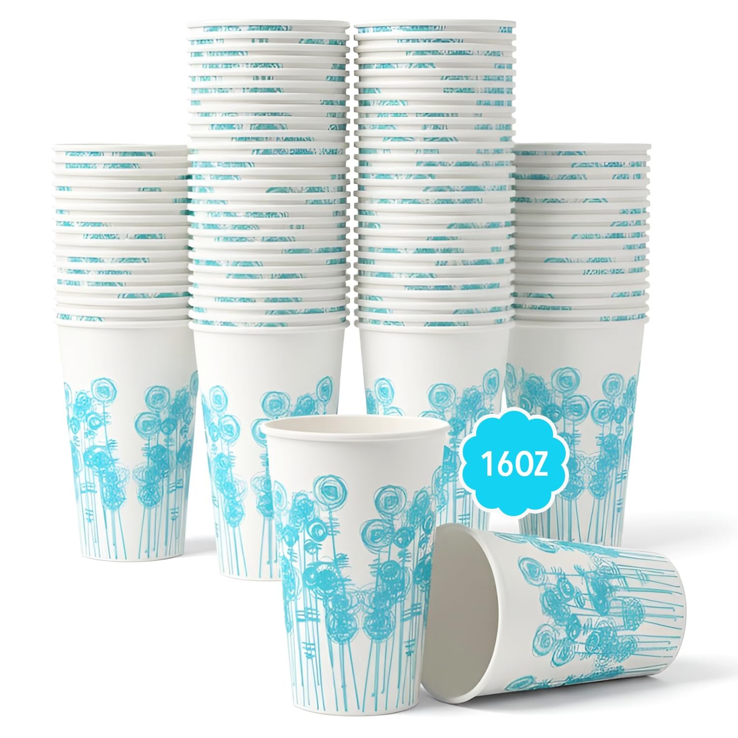 RAP Gloves 16oz Disposable Paper Cups Single Wall – 1000 Count (50 Cups x 20 Packs) | Blue Floral Style Disposable Paper Cups Large Hot & Cold Coffee Cups for Cafes, Parties & Offices