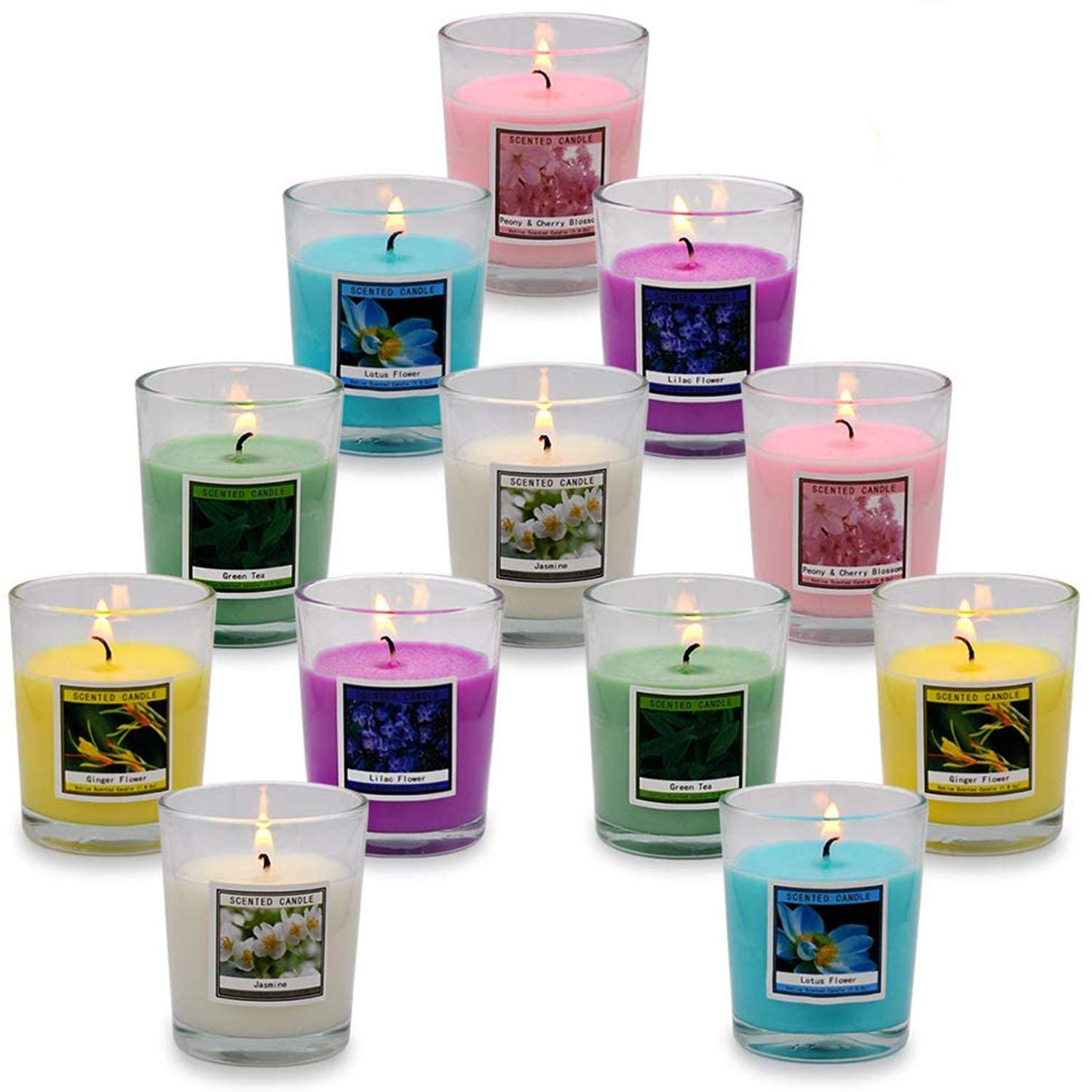Onlywax Scented Candles, Soy Wax Aromatherapy Glass Candle Gift Set, Ginger Flower, Green Tea, Peony & Cherry Blossom, Lotus Flower, Lilac Flower, Jasmine, Pack of 12