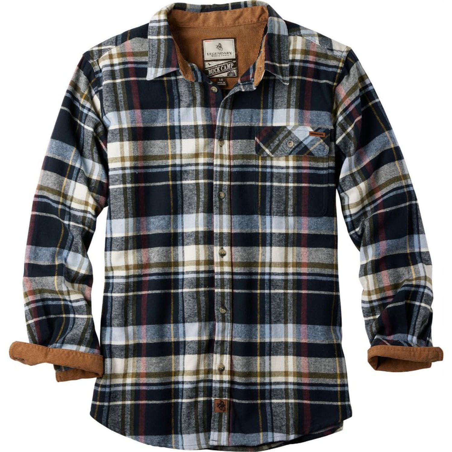 Legendary Whitetails Men's Buck Camp Flannel Shirt Button, Midnight Water Plaid, Large Tall