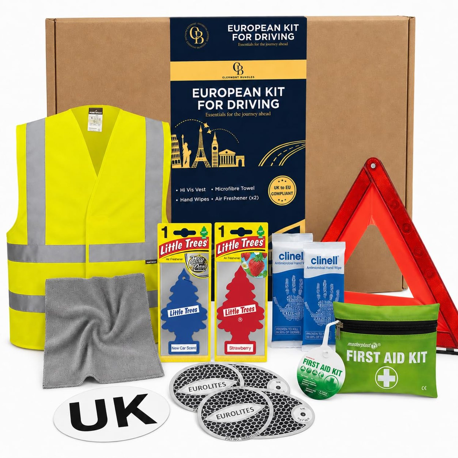 European Driving Kit, Car Kit Essentials 2026 For Europe - 10 Piece Kit, Warning Triangles for Cars, UK Magnet Sticker, Headlight Deflectors + More. European Driving Kit 2026, EU Driving Kit